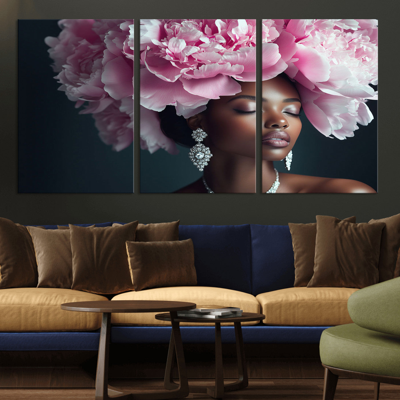 MGV-CV-60X30-3P - Black Beauty Petal Crown Wall Art Print Floral Petal Headpiece, Petal-Inspired Art, Floral Crown