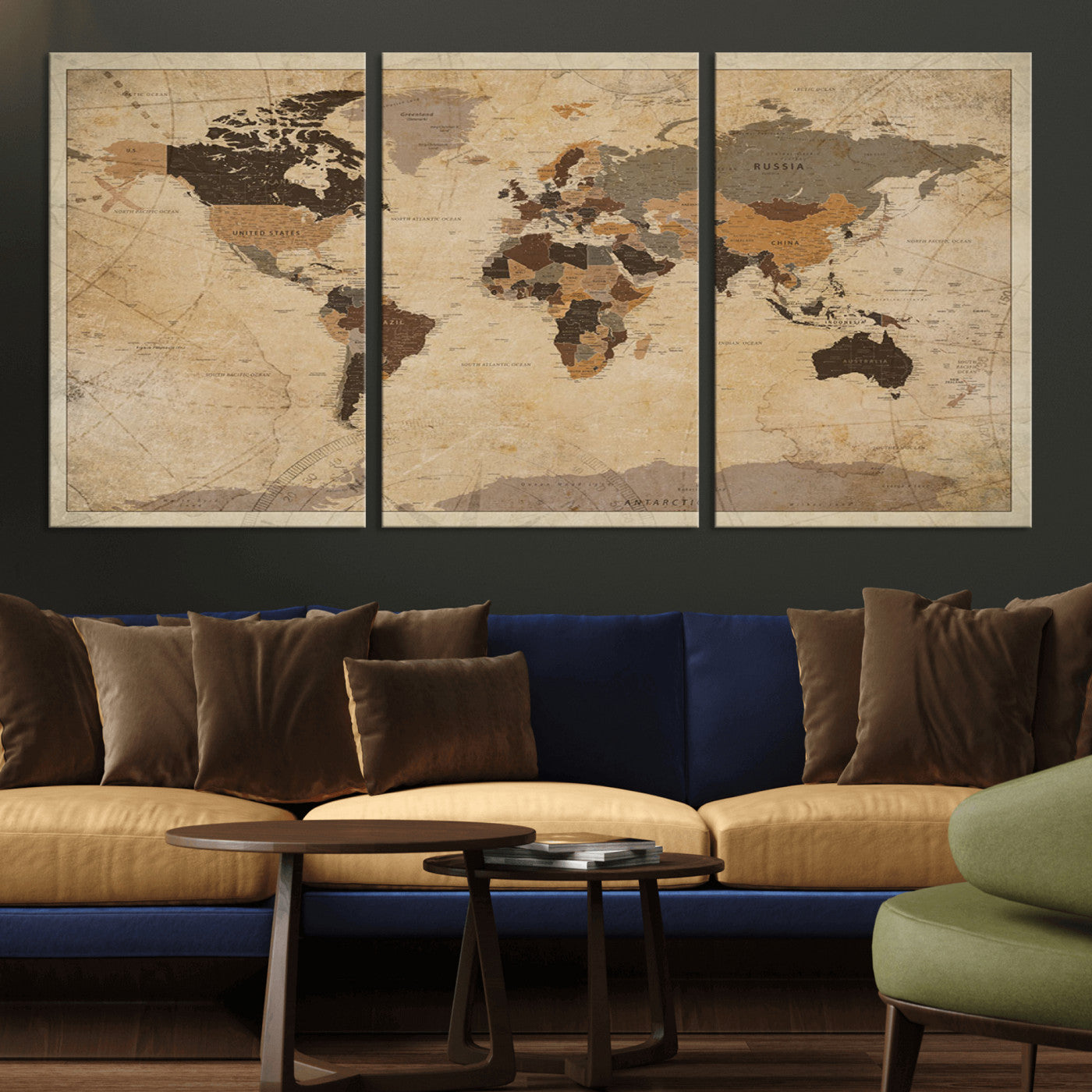 Vintage-style world map with muted brown, beige, and sepia tones, showing countries and continents with a weathered paper texture background.