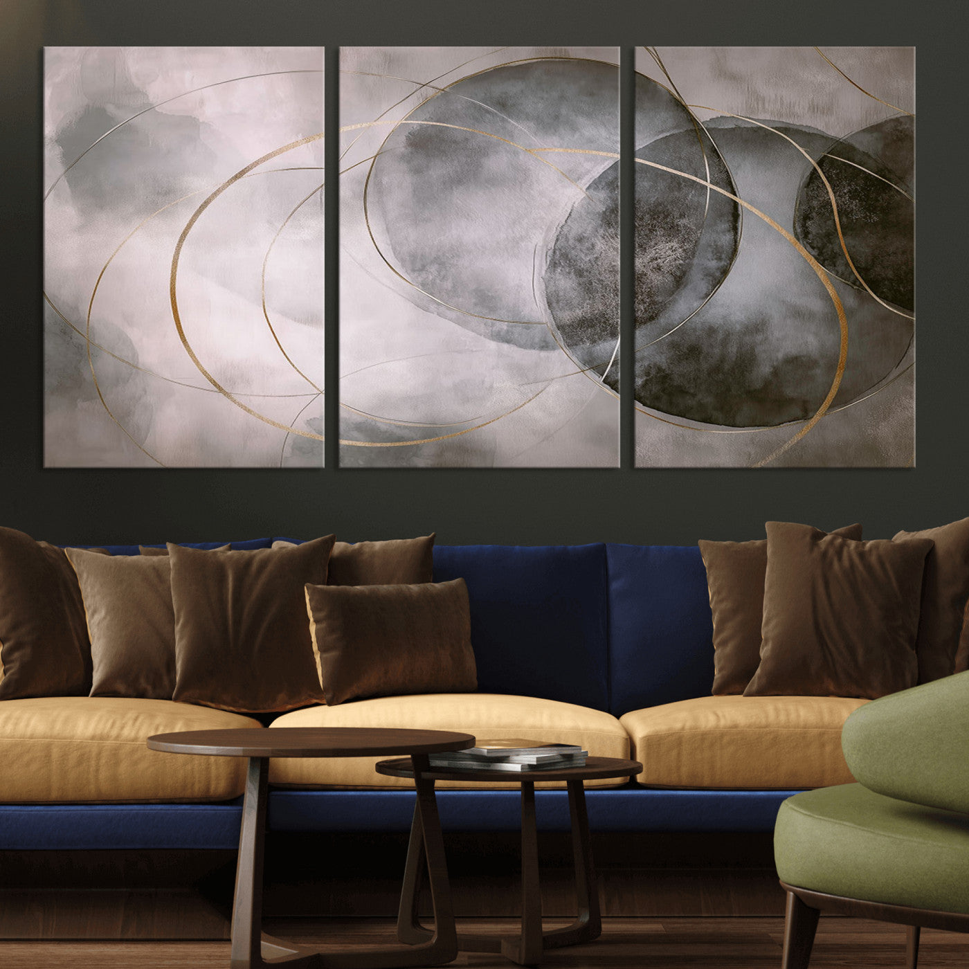 MGV-CV-60X30-3P - Wall Art Canvas Print Abstract Gray Black Gold Circles Soft Texture Modern Minimalist Artistic Home Decor Contemporary Elegant Stylish Unique