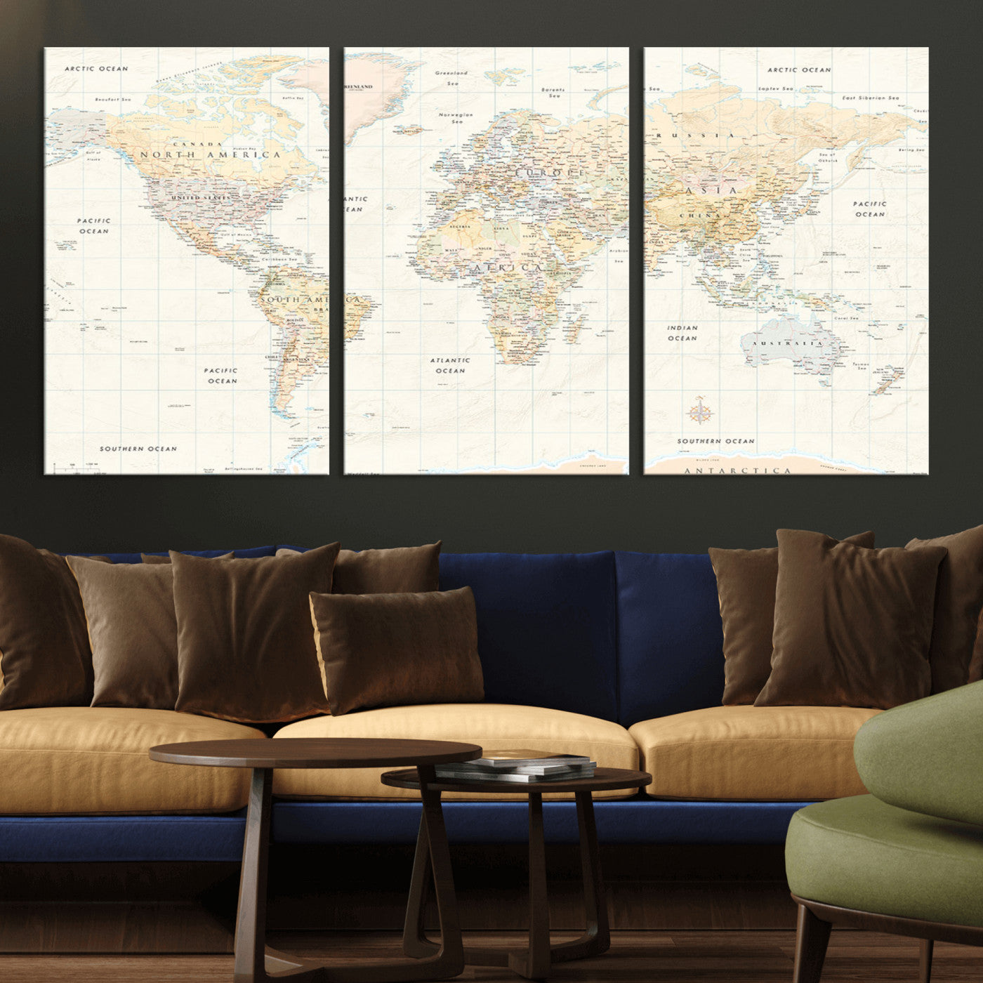 An antique-style world map showing continents, countries, and oceans with soft beige tones, detailed borders, and classic typography, enhanced by a subtle grid overlay and a vintage compass rose.
