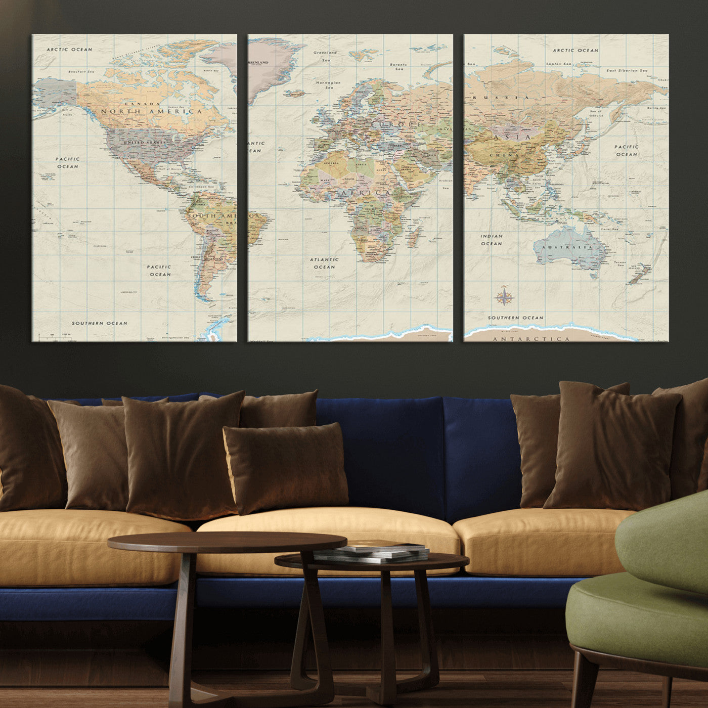 A detailed vintage-style political world map displaying continents, countries, and oceans with clear borders and labels, set on a beige textured background with grid lines.