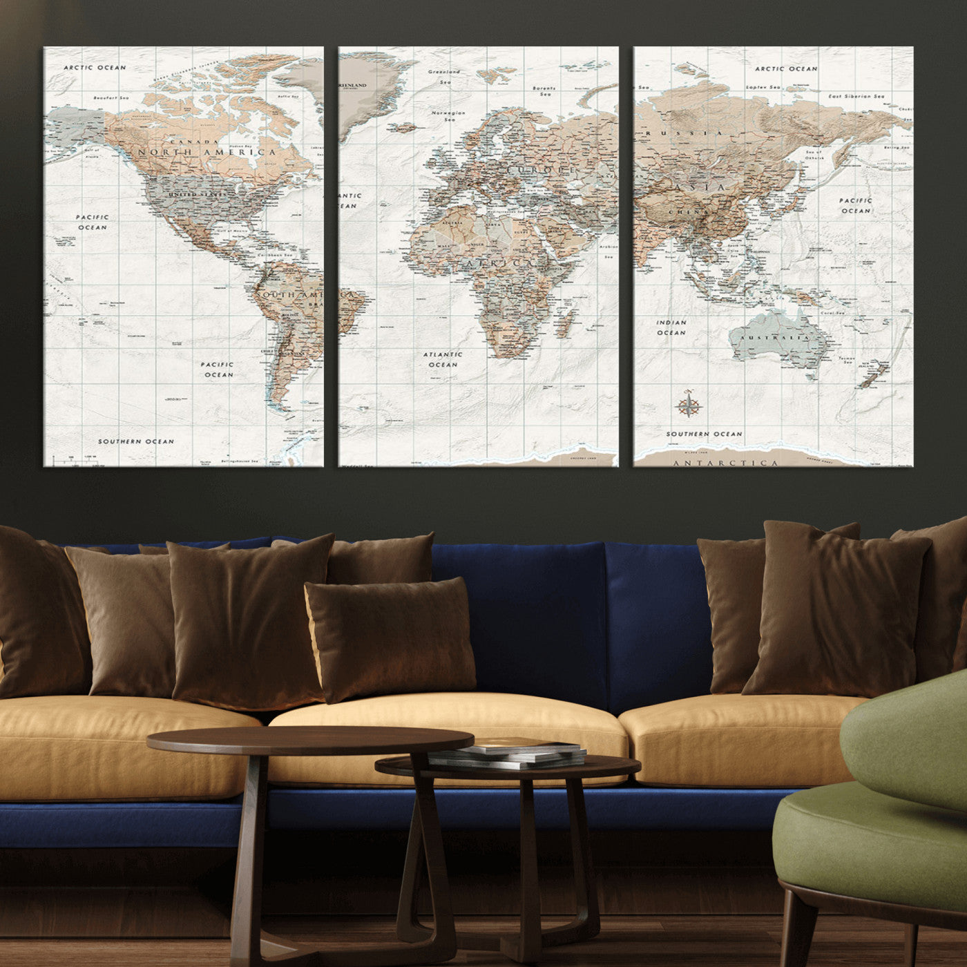 Vintage world map with detailed country borders and labels, featuring soft earthy tones of beige, brown, and gray on a textured parchment background, including oceans, continents, and major cities.