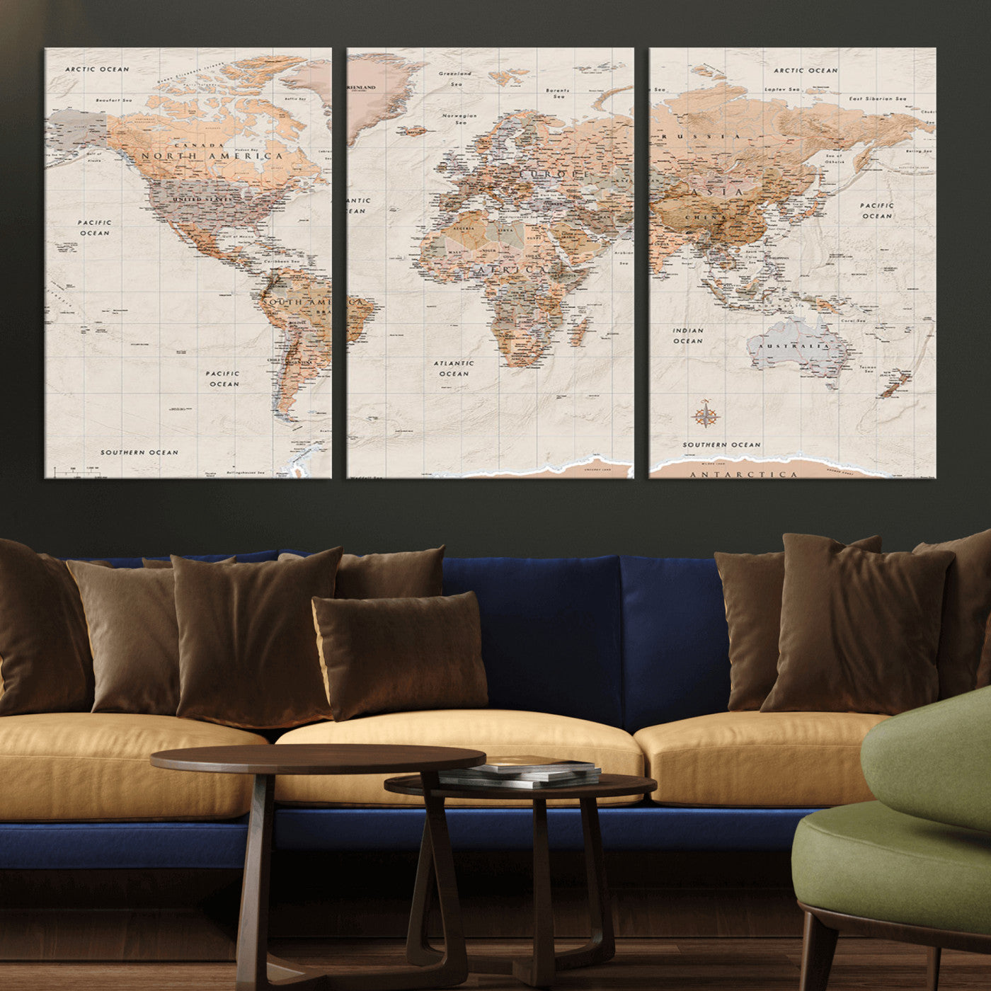 Detailed vintage world map with warm earth tones showing country borders, oceans, continents, and major cities, styled with a textured parchment background.