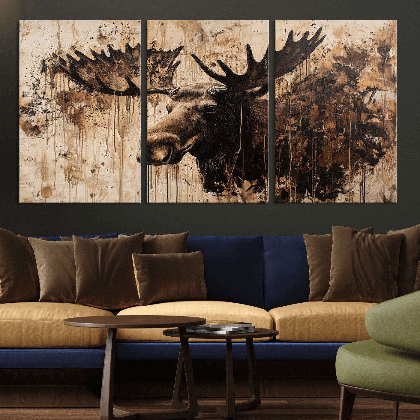Artistic painting of a moose head with large antlers in shades of brown and black, with paint splatters and drips on a beige textured background, creating a rustic and expressive wall art canvas.