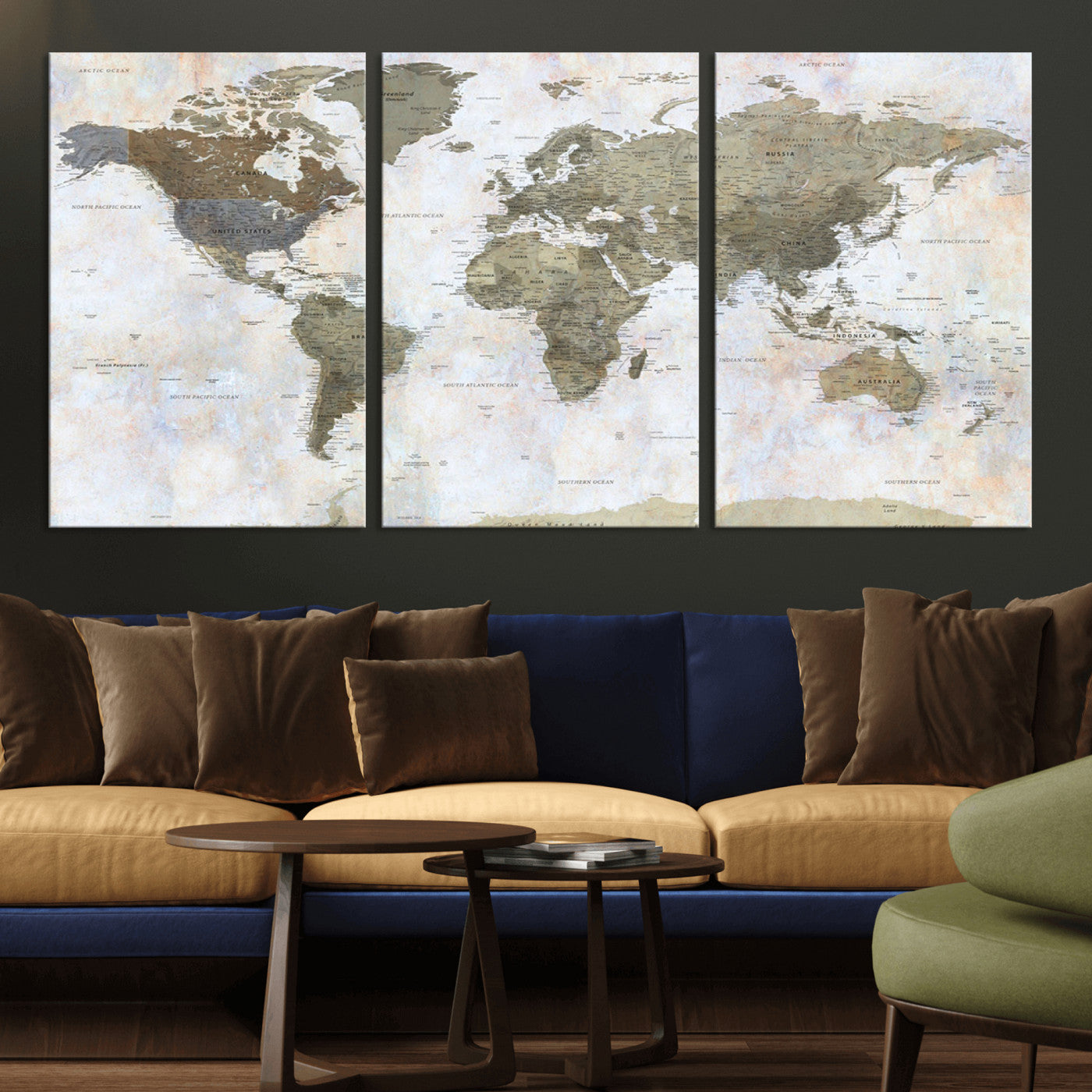 World map printed on a textured canvas with soft muted earth tones and a weathered background, showing detailed countries and continents, perfect for vintage-style wall art.