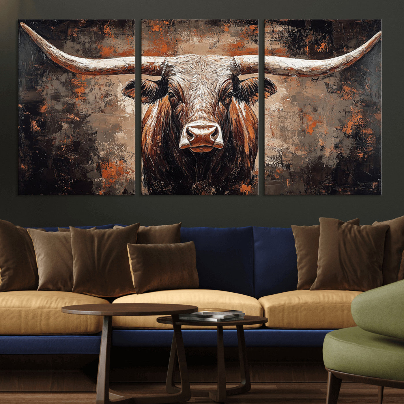 42732393-MGV-CV-36X24-Rustic Longhorn Bull Wall Art Canvas Print – Vintage Western Cattle Painting, Texas Steer Artwork for Ranch, Farmhouse or Cowboy Decor