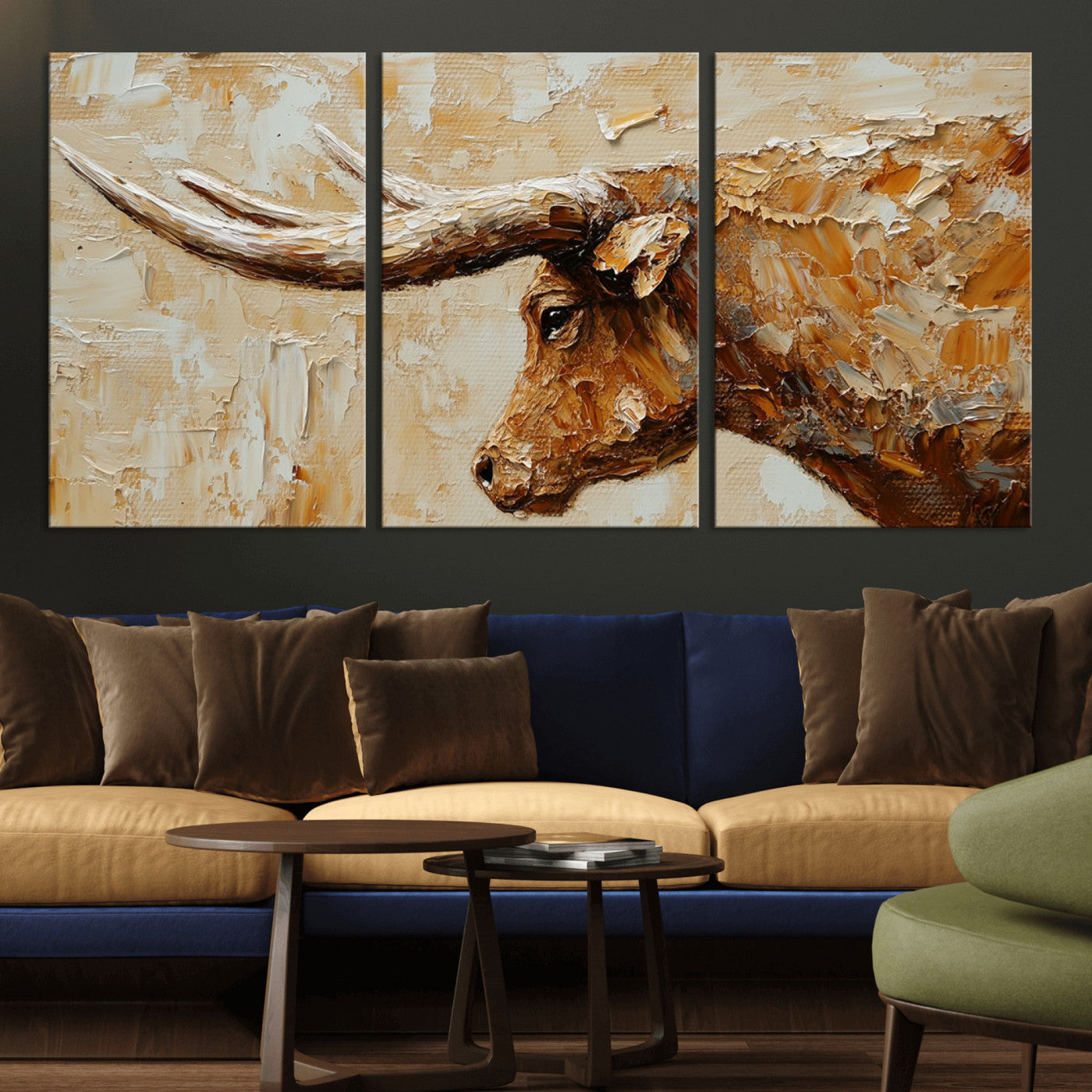 Rustic Longhorn Bull Wall Art Canvas Print – Vintage Western Cattle Painting, Texas Steer Artwork for Ranch, Farmhouse or Cowboy Decor