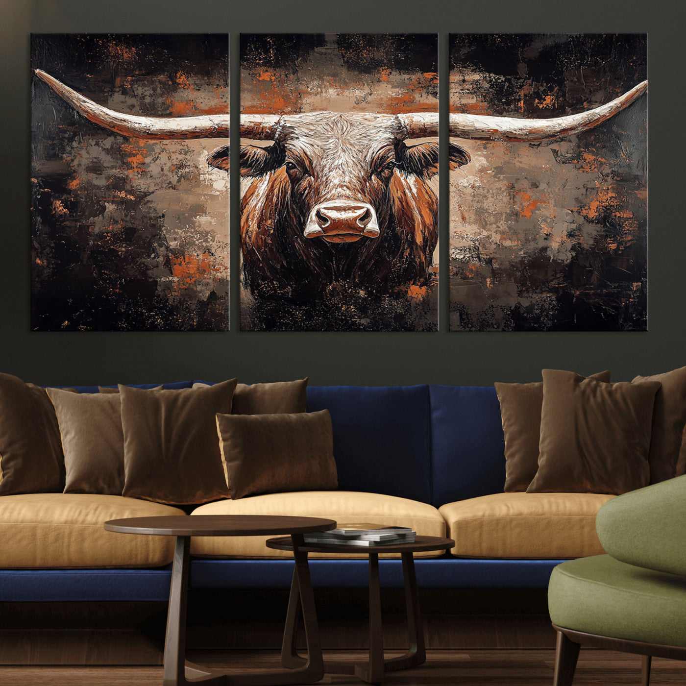 Rustic Longhorn Bull Wall Art Canvas Print – Vintage Western Cattle Painting, Texas Steer Artwork for Ranch, Farmhouse or Cowboy Decor