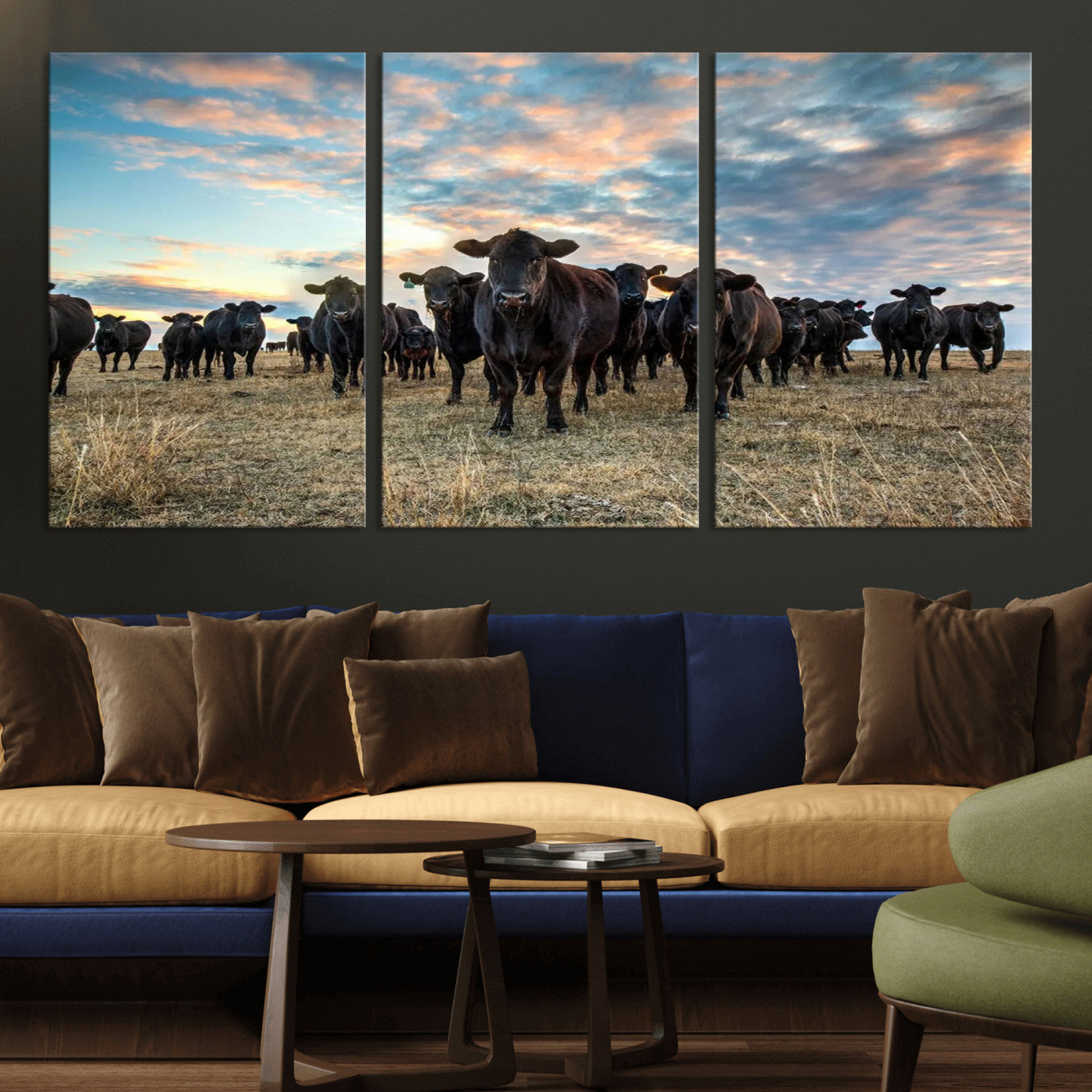 MGV-CV-60X30-3P - Texas Longhorn Cattle Wall Art Canvas Print – Rustic Western Ranch Scene with Steers at Sunset,