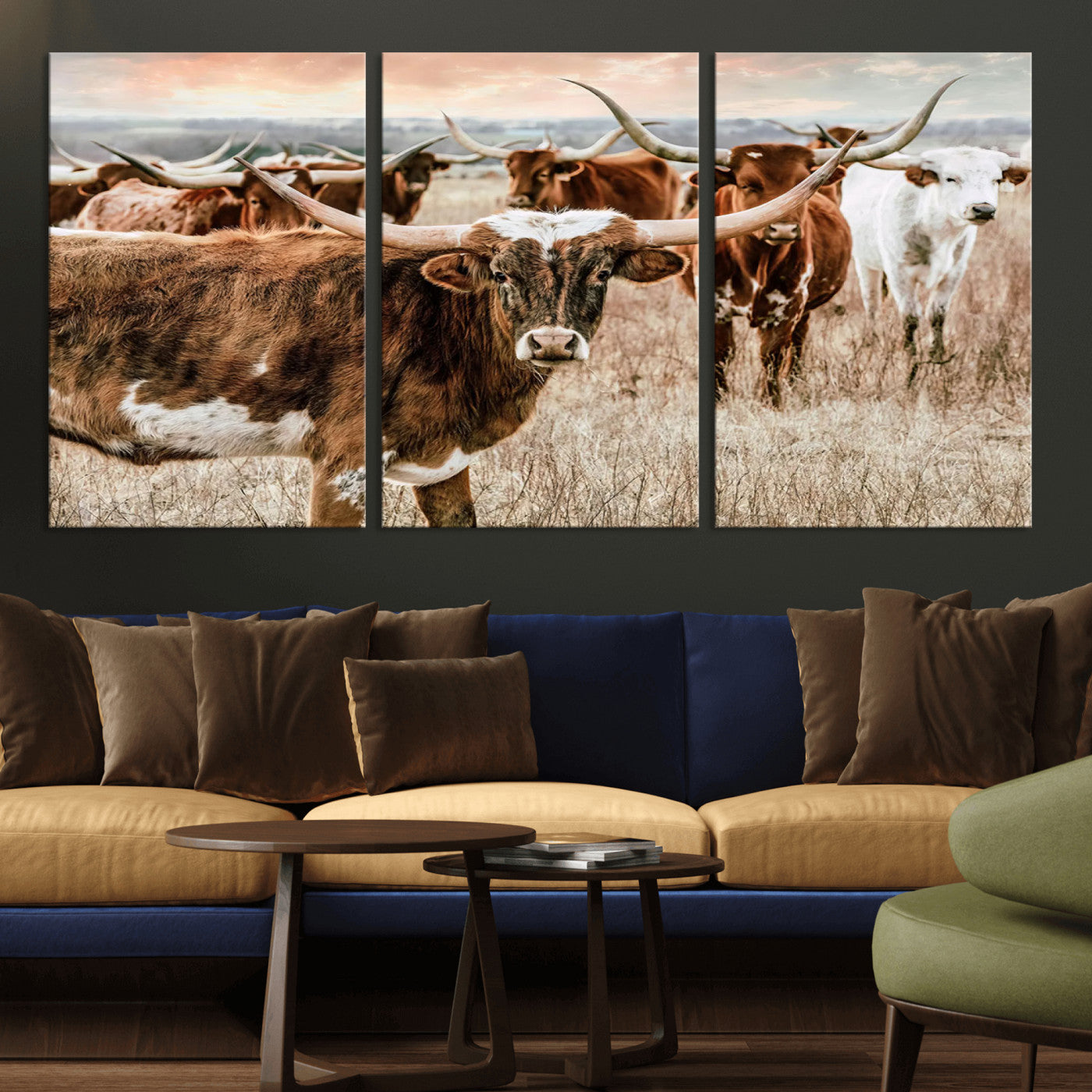 MGV-CV-60X30-3P - Texas Longhorn Cattle Wall Art Canvas Print – Rustic Western Ranch Scene with Steers at Sunset,