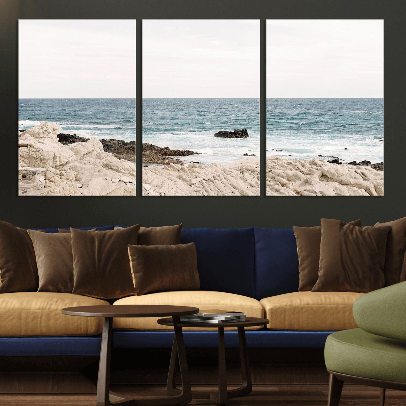 Coastal Ocean View Wall Art Canvas Print – Serene Rocky Shoreline and Blue Sea Photography for Coastal Chic or Minimalist Home Decor