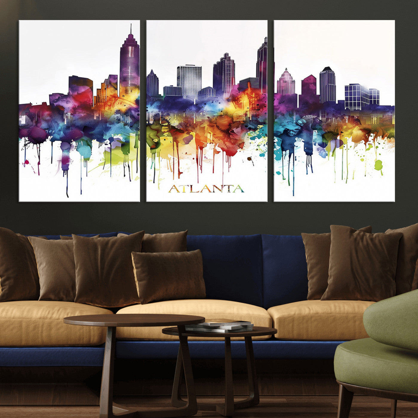 MGV-CV-60X30-3P - Atlanta Skyline Wall Art Print - Colorful Cityscape Watercolor Canvas - Abstract Urban Wall Decor -