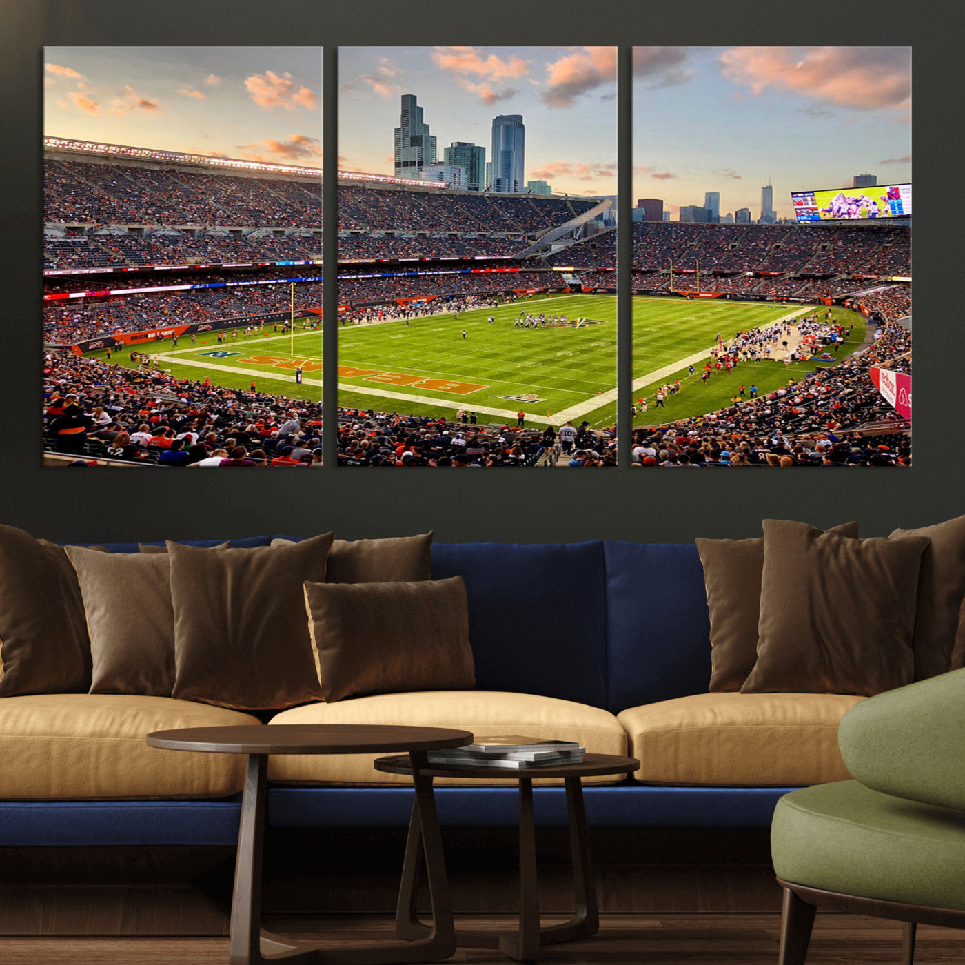 55377093-MGV-CV-36X24-Chicago Bears Soldiers Field Wall Art Canvas Print – Framed Football Stadium Artwork for Sports Fans, Soldier Field Skyline Canvas Decor for Game Room or Man Cave
