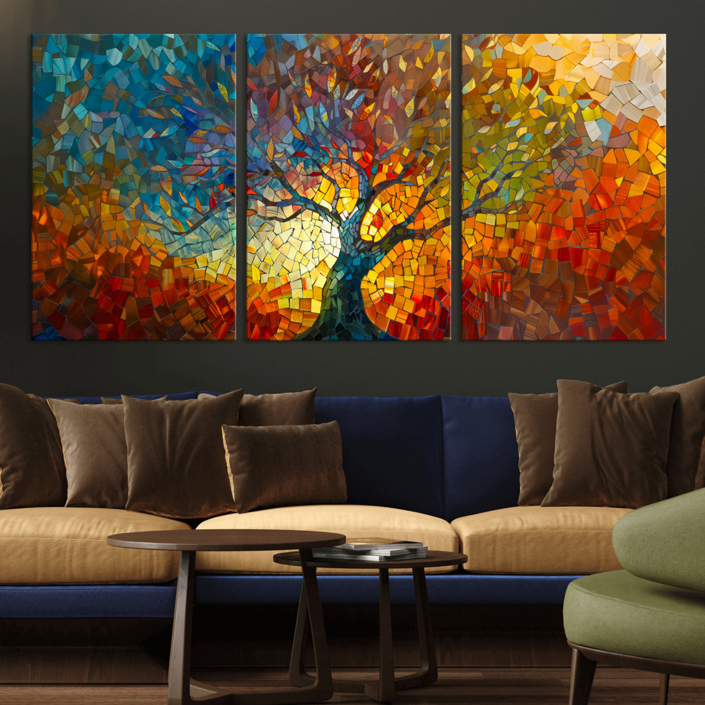 MGV-CV-60X30-3P - Mosaic Tree Canvas Wall Art – Vibrant Abstract Nature Design, Colorful Decor for Living Room, Bedroom, or Creative Spaces
