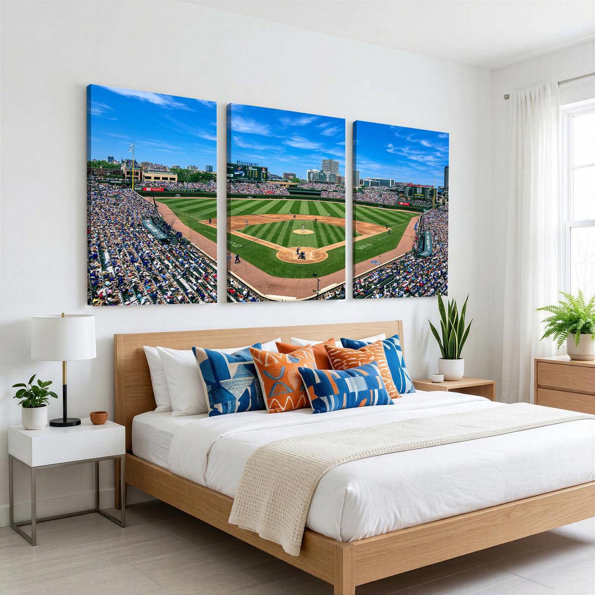 35800083-MGV-CV-36X24 - Wrigley Field Baseball Stadium Canvas Wall Art – Packed Crowd Sports Stadium City Skyline Artwork for Home Office