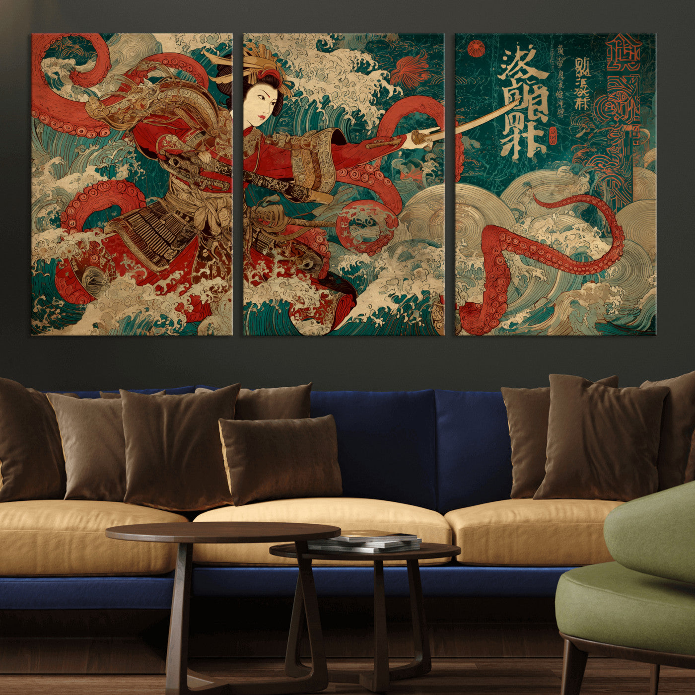 MGV-CV-60X30-3P - Tsukioka Yoshitoshi Samurai Wall Art Print, Japanese Katana Warrior Canvas Wall Art, Octopus Sea Monster Canvas Print,