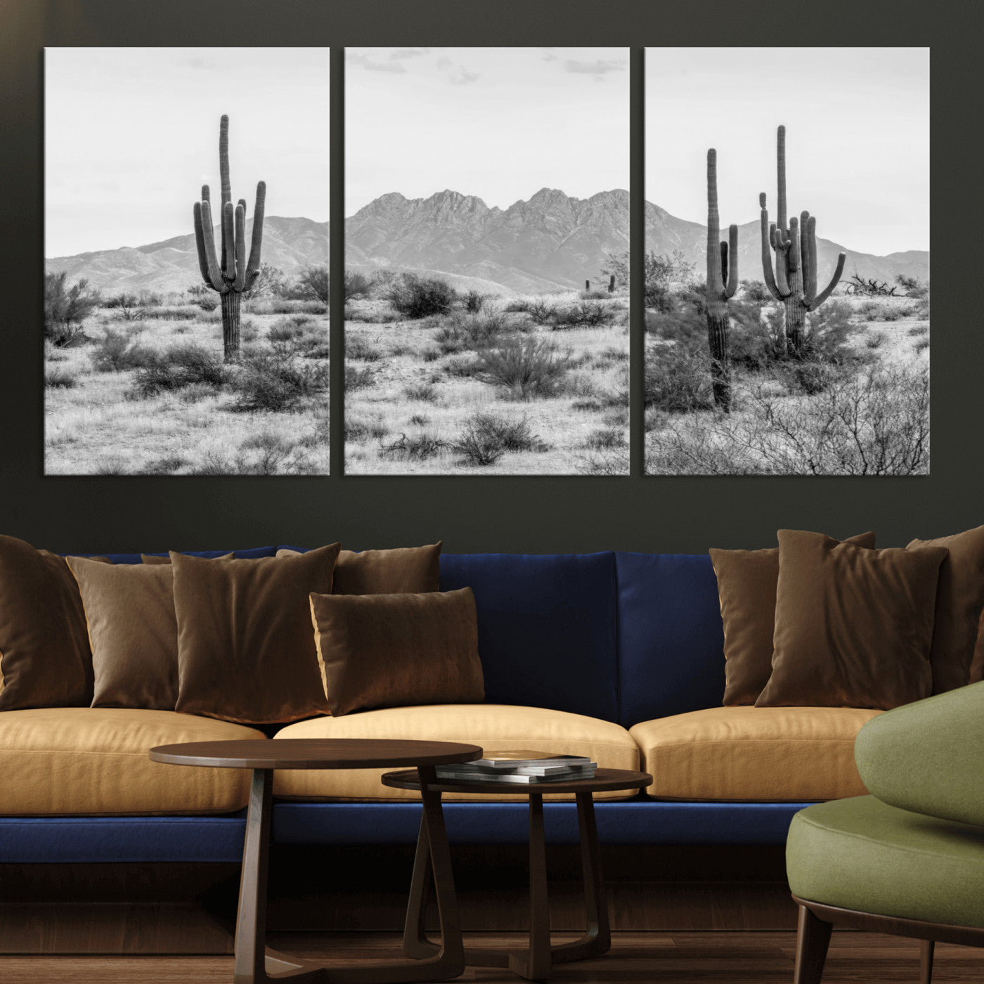 MGV-CV-60X30-3P - Black White Arizona Desert Canvas Wall Art Cactus Farmhouse Wall Art