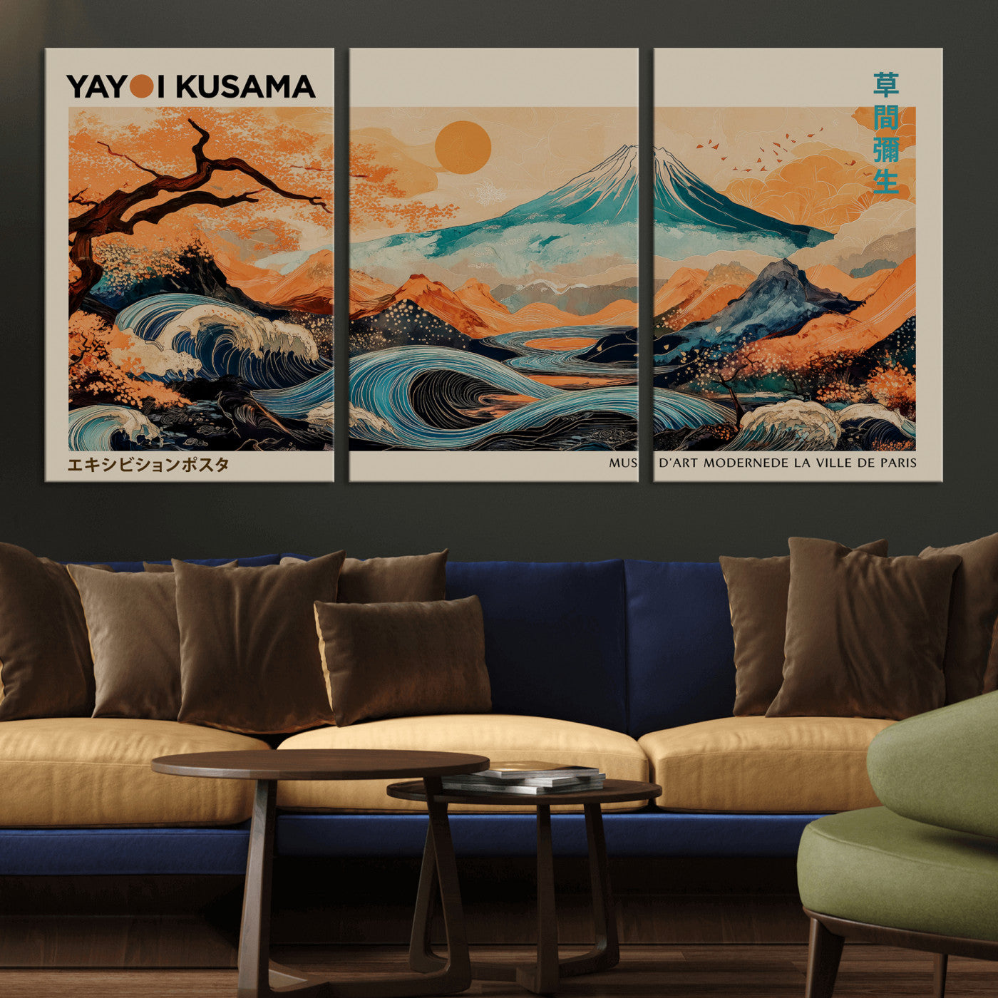 94085549-MGV-CV-36X24 - Yayoi Kusama Japanese Landscape Wall Art Canvas Print – Modern Abstract Mount Fuji Wall Art - Japanese Waves & Autumn Trees Print