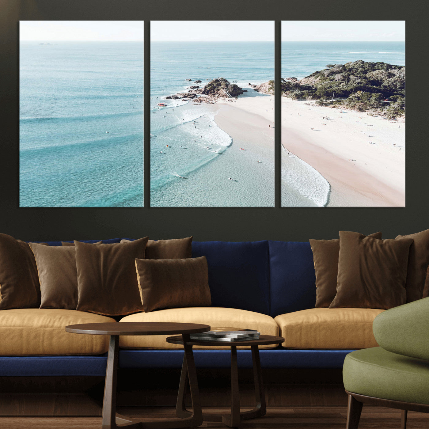 79395467-MGV-CV-36X24 - Aerial Beach Wall Art Canvas Print, Coastal Ocean Waves and Surfers Scenic Seaside Artwork for Home, Office Decor