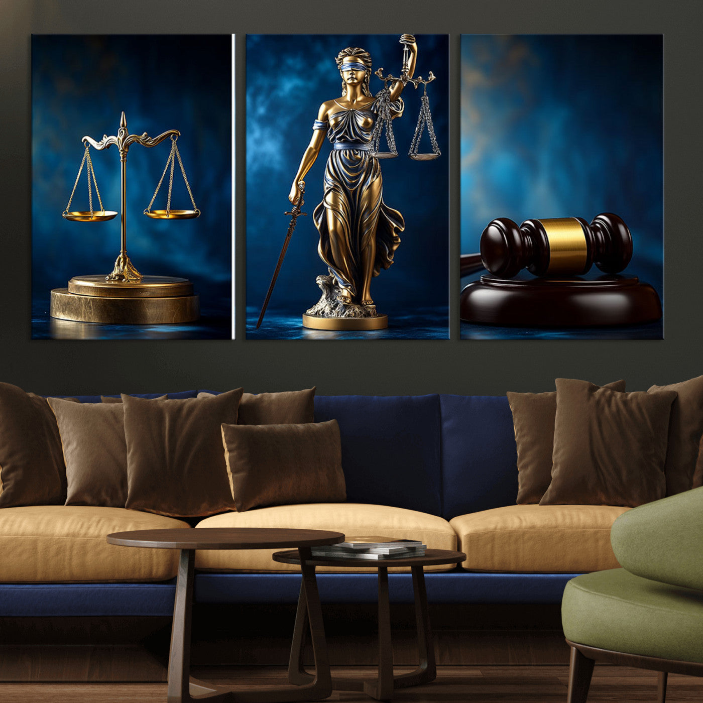 91991274-MGV-CV-60X30-3P-Justice Scales Statue Wall Art, Lady Justice Canvas Print, Legal Law Sculpture Artwork, Courtroom Decor for Home, Office