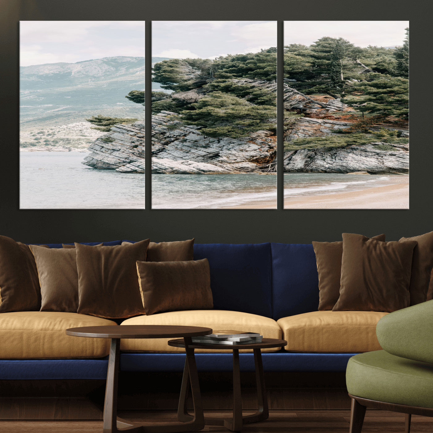MGV-CV-60X30-3P - Coastal Rock Canvas Wall Art Print, Scenic Beach Landscape, Pine Trees on Rocky Cliff, Large Nature
