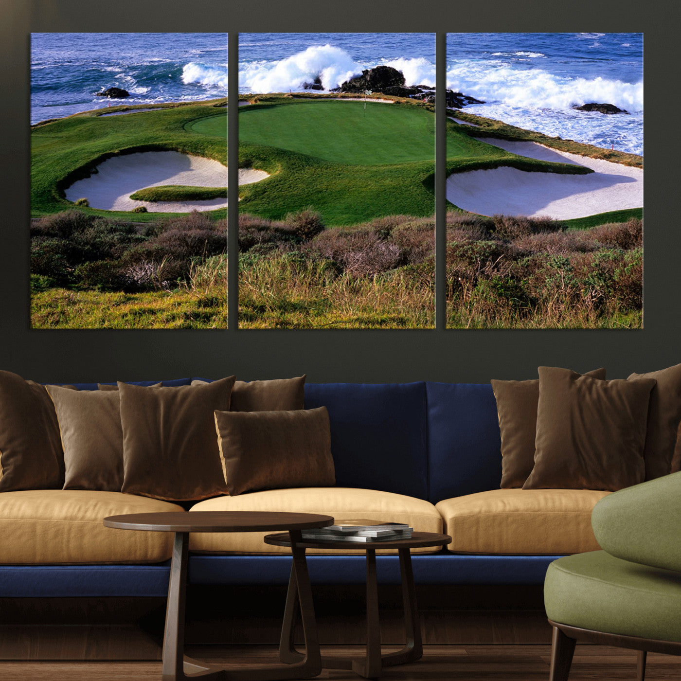 22776914-MGV-CV-36X24-Ocean Cliff Golf Green Canvas Print – Framed Majestic Coastal Scene with Lush Green Artwork for Home, Office