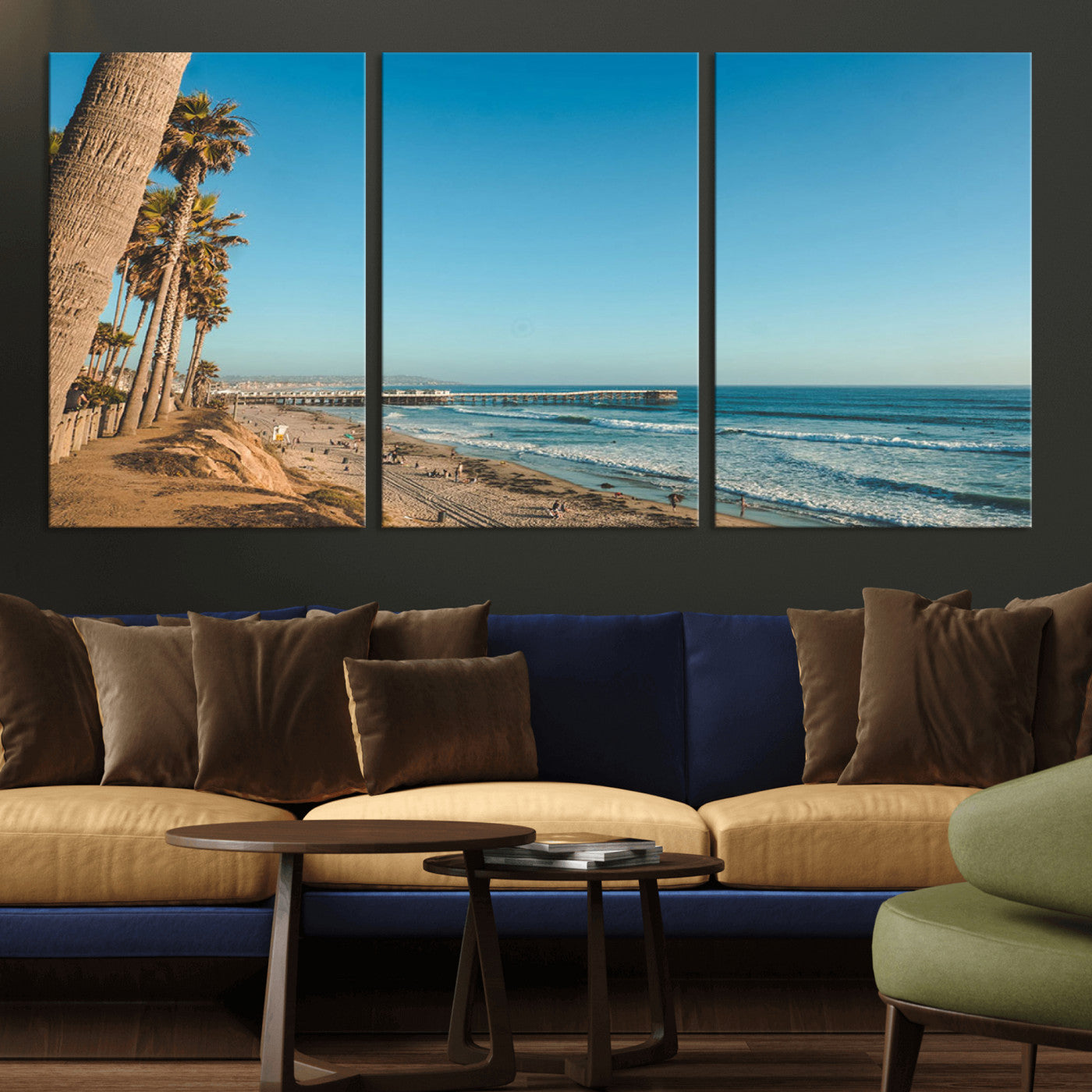 MGV-CV-60X30-3P - Scenic Beach with Tall Palm Trees, Sandy Shore, and Long Pier Stretching into the Calm Ocean Under