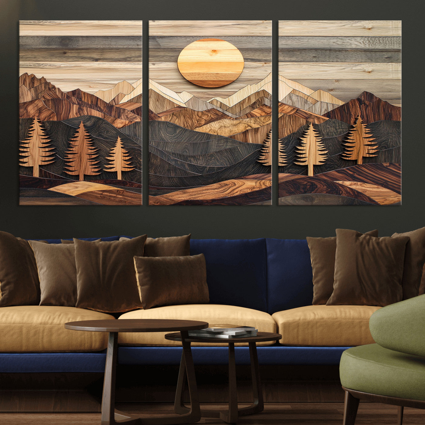 19832326-MGV-CV-60X30-3P - Wooden Mountain Landscape Layered Texture Geometric Shapes Sun Pine Trees Rustic Natural Tones Art