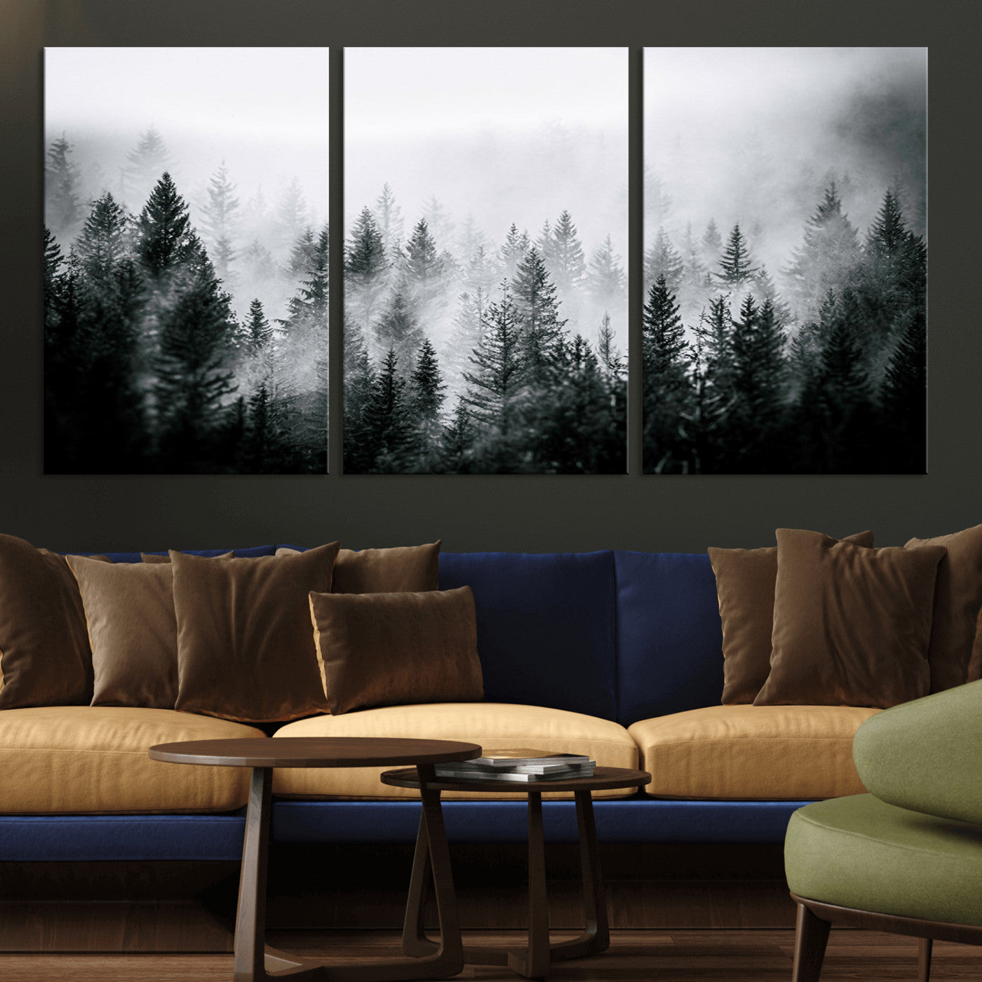 MGV-CV-60X30-3P - Foggy Pine Forest Canvas Wall Art – Black and White Nature Landscape Print, Horizontal Canvas for