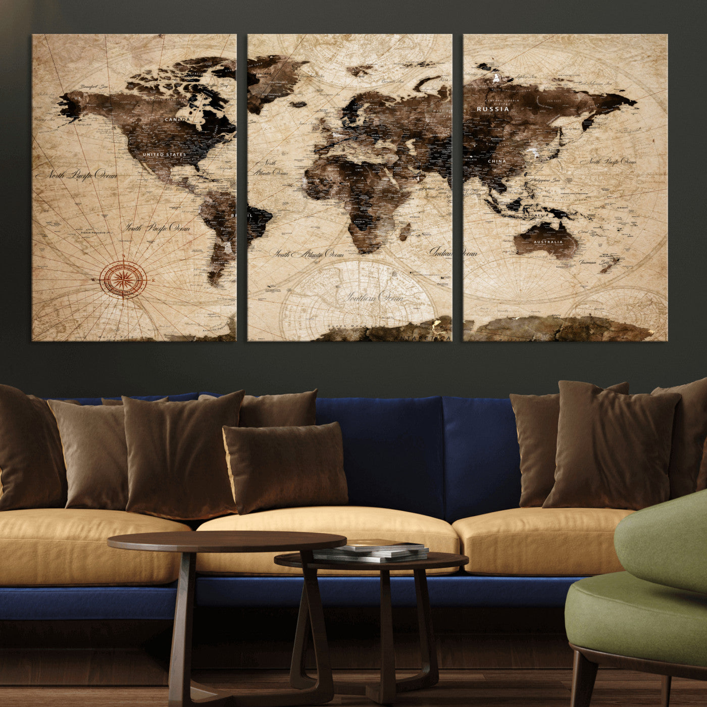 97114757-MGV-CV-60X30-3P - World Map Wall Art Canvas Print, Modern Decorative Framed Map Artwork Prints for Living Room, Office, Bedroom Wall Decor