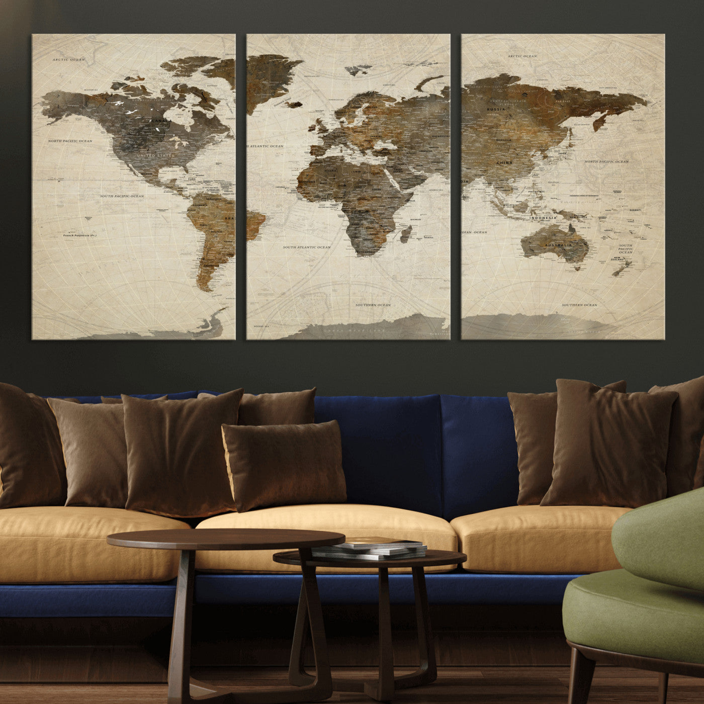 91849163-MGV-CV-60X30-3P - World Map Wall Art Canvas Print, Modern Decorative Framed Map Artwork Prints for Living Room, Office, Bedroom Wall Decor