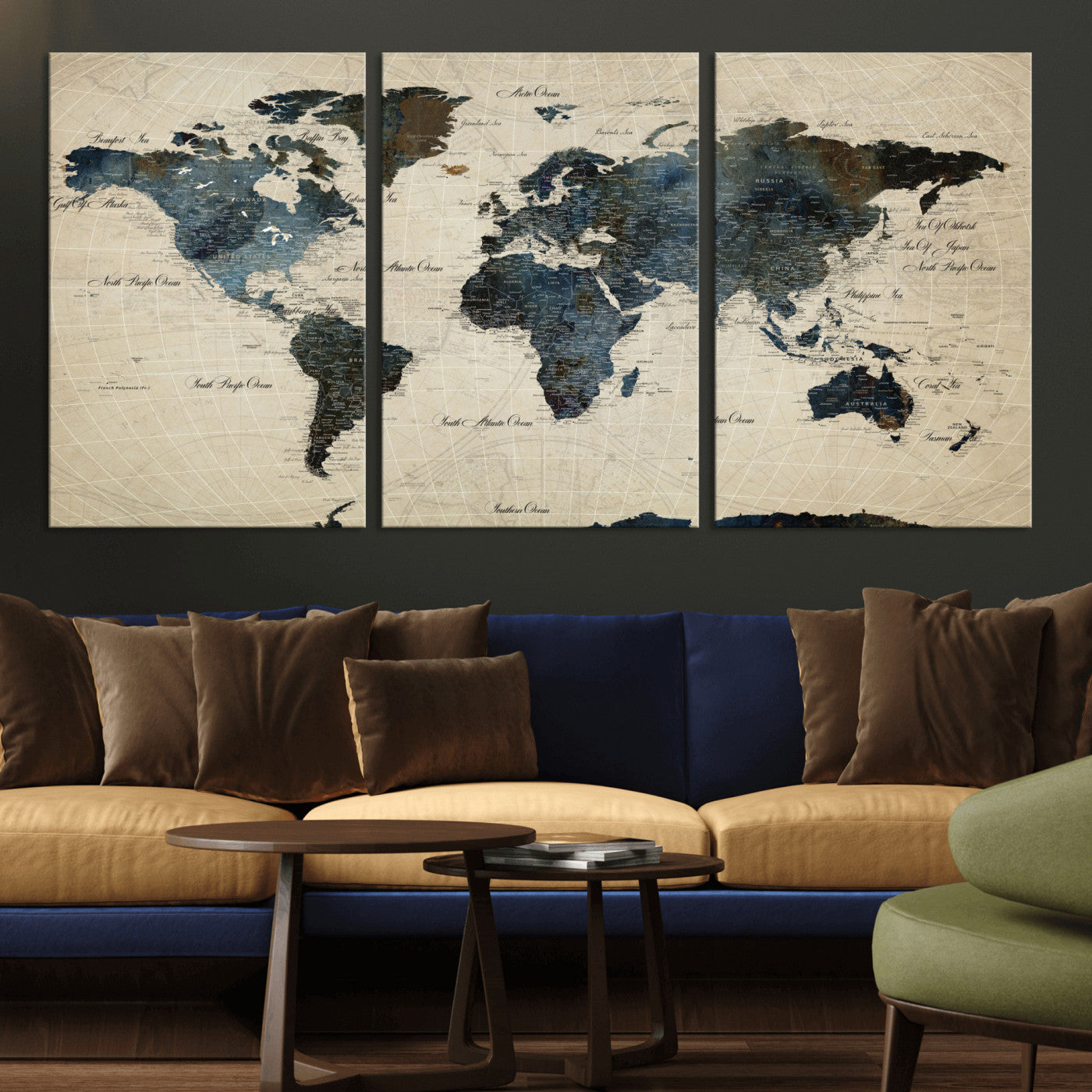 33438443-MGV-CV-60X30-3P - World Map Wall Art Canvas Print, Modern Decorative Framed Map Artwork Prints for Living Room, Office, Bedroom Wall Decor