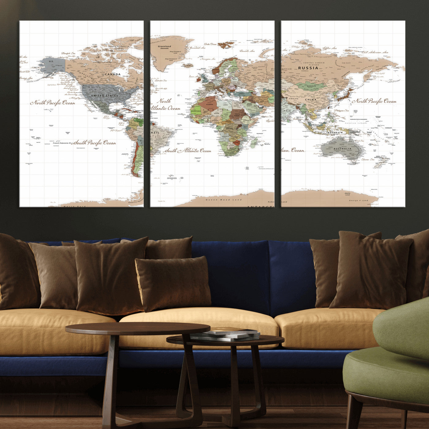 91286788-MGV-CV-36X24 - World Map Wall Art Canvas Print, Modern Decorative Framed Map Artwork Prints for Living Room, Office, Bedroom Wall Decor