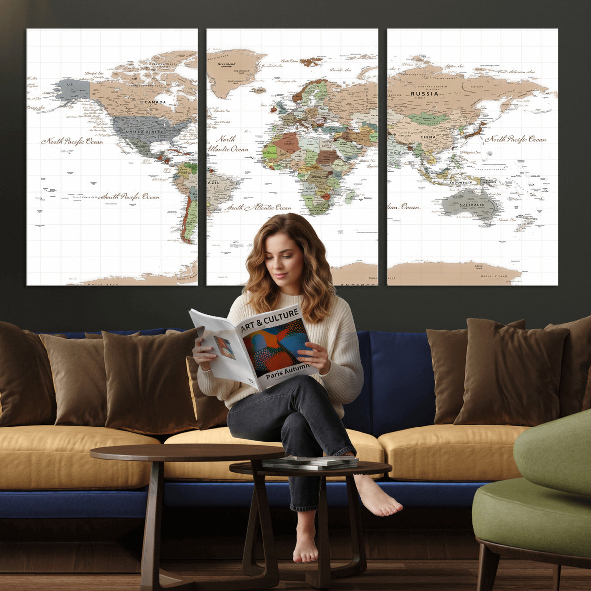 91286788-MGV-CV-36X24 - World Map Wall Art Canvas Print, Modern Decorative Framed Map Artwork Prints for Living Room, Office, Bedroom Wall Decor