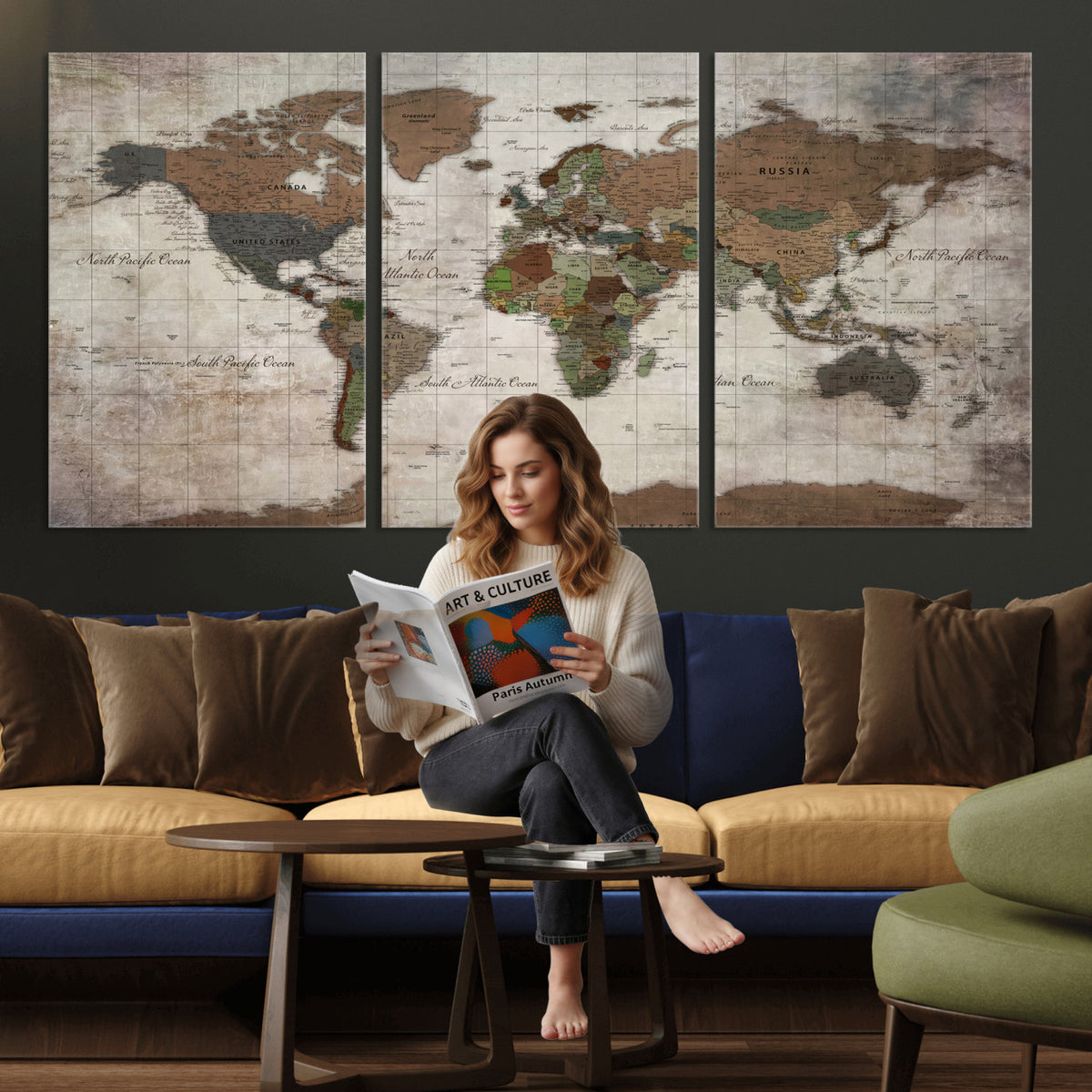 65393892-MGV-CV-36X24 - World Map Wall Art Canvas Print, Modern Decorative Framed Map Artwork Prints for Living Room, Office, Bedroom Wall Decor