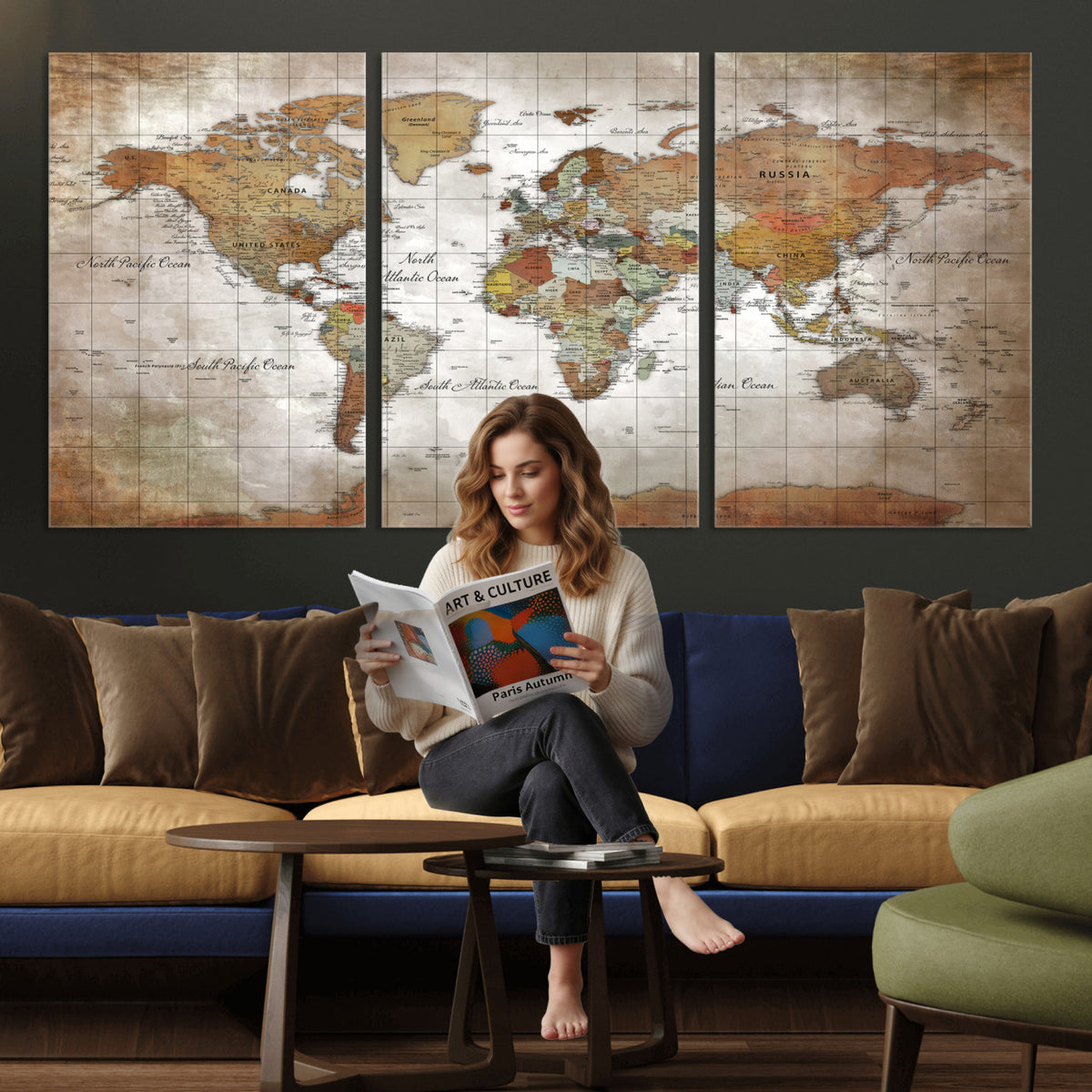 51643807-MGV-CV-36X24 - World Map Wall Art Canvas Print, Modern Decorative Framed Map Artwork Prints for Living Room, Office, Bedroom Wall Decor