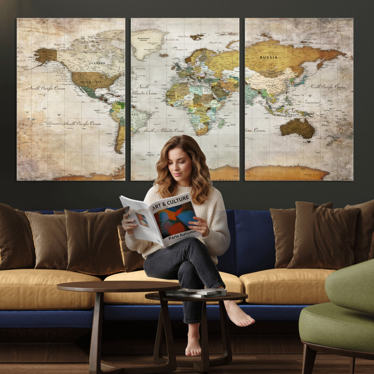 86108417-MGV-CV-36X24 - World Map Wall Art Canvas Print, Modern Decorative Framed Map Artwork Prints for Living Room, Office, Bedroom Wall Decor