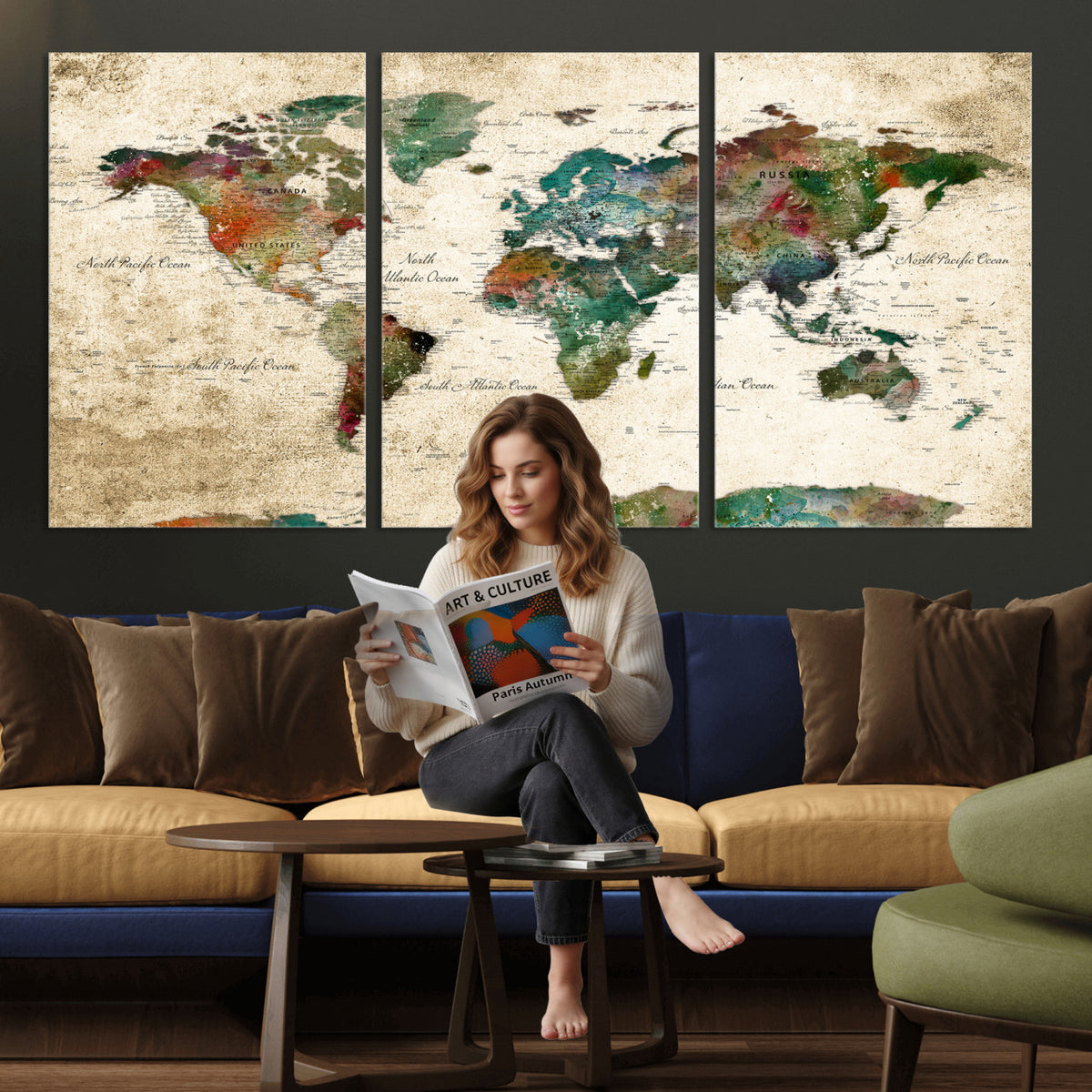 87544591-MGV-CV-36X24 - World Map Wall Art Canvas Print, Modern Decorative Framed Map Artwork Prints for Living Room, Office, Bedroom Wall Decor