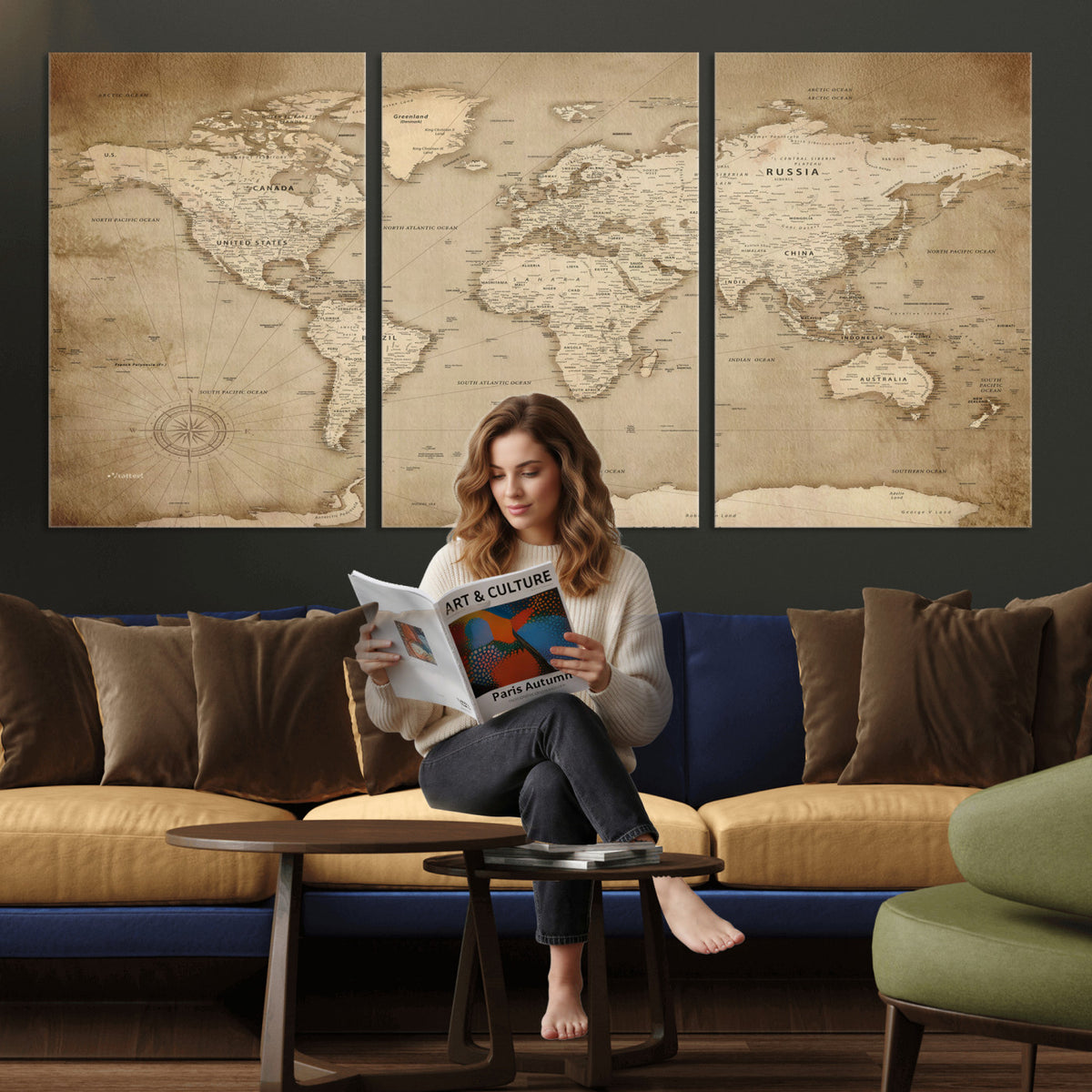 34795134-MGV-CV-36X24 - World Map Wall Art Canvas Print, Modern Decorative Framed Map Artwork Prints for Living Room, Office, Bedroom Wall Decor