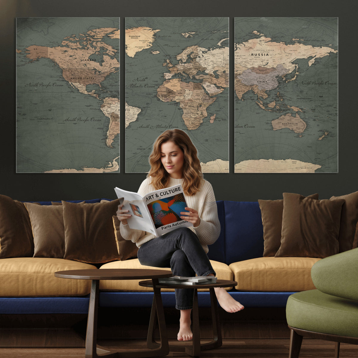 84619399-MGV-CV-36X24 - World Map Wall Art Canvas Print, Modern Decorative Framed Map Artwork Prints for Living Room, Office, Bedroom Wall Decor