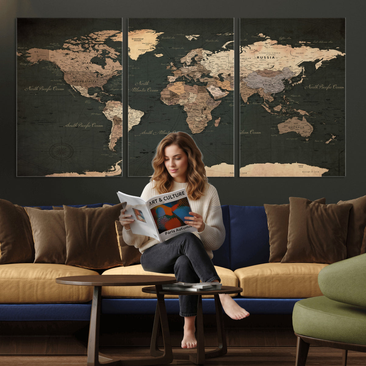 62059333-MGV-CV-36X24 - World Map Wall Art Canvas Print, Modern Decorative Framed Map Artwork Prints for Living Room, Office, Bedroom Wall Decor