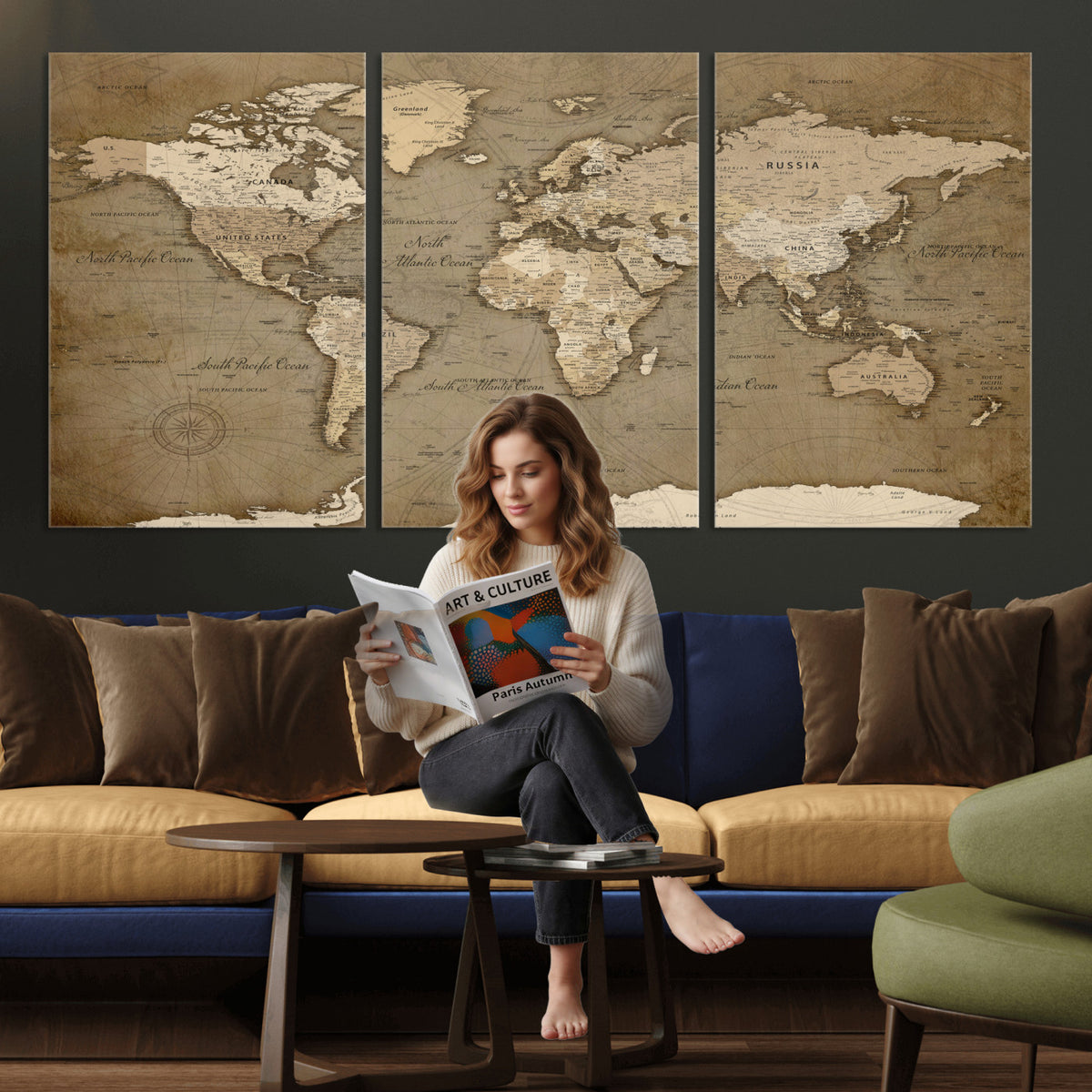 82314635-MGV-CV-36X24 - World Map Wall Art Canvas Print, Modern Decorative Framed Map Artwork Prints for Living Room, Office, Bedroom Wall Decor