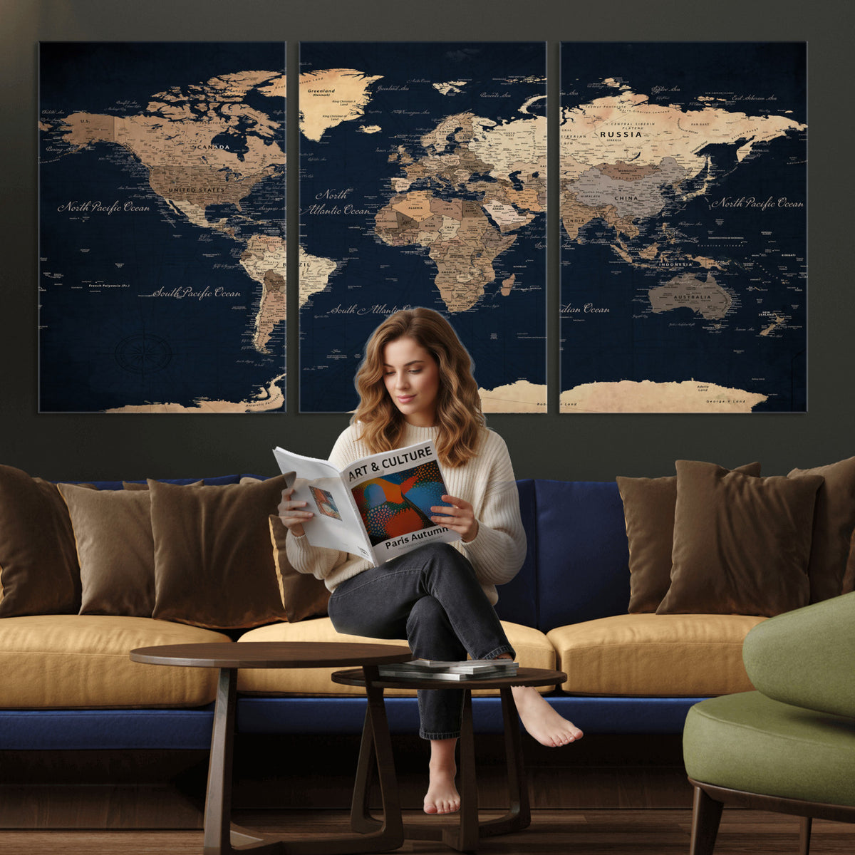 53971530-MGV-CV-36X24 - World Map Wall Art Canvas Print, Modern Decorative Framed Map Artwork Prints for Living Room, Office, Bedroom Wall Decor