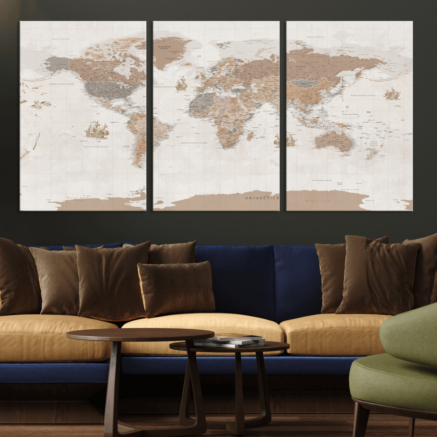 85057279-MGV-CV-36X24 - World Map Wall Art Canvas Print, Modern Decorative Framed Map Artwork Prints for Living Room, Office, Bedroom Wall Decor