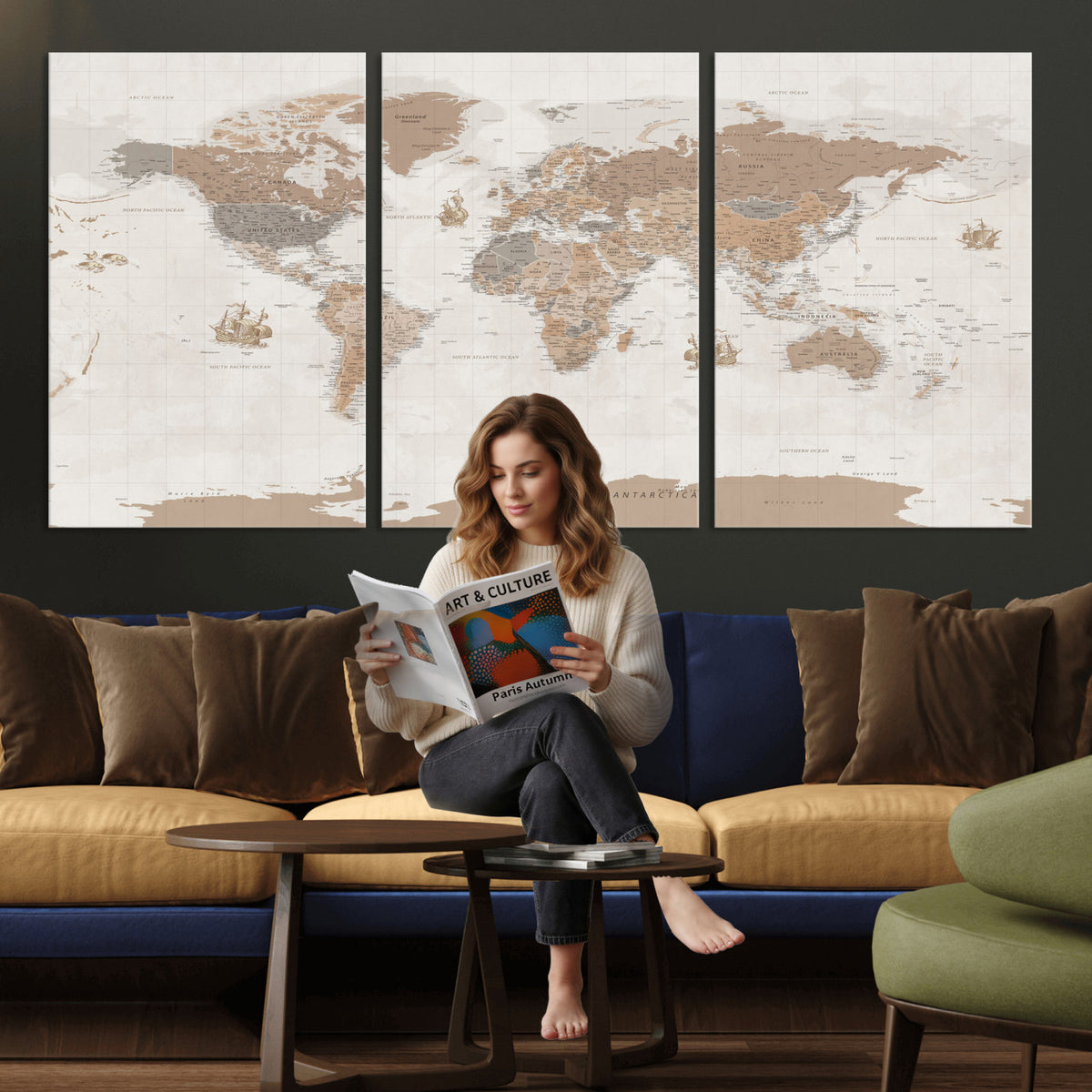 85057279-MGV-CV-36X24 - Framed Large World Map Canvas Print for Office Decor