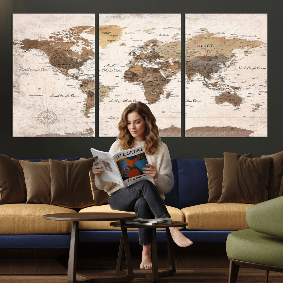 38923639-MGV-CV-36X24 - World Map Wall Art Canvas Print, Modern Decorative Framed Map Artwork Prints for Living Room, Office, Bedroom Wall Decor