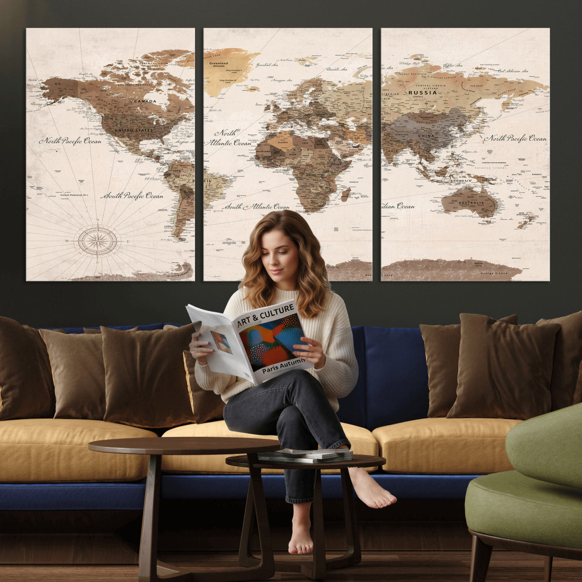 69860078-MGV-CV-36X24 - World Map Wall Art Canvas Print, Modern Decorative Framed Map Artwork Prints for Living Room, Office, Bedroom Wall Decor