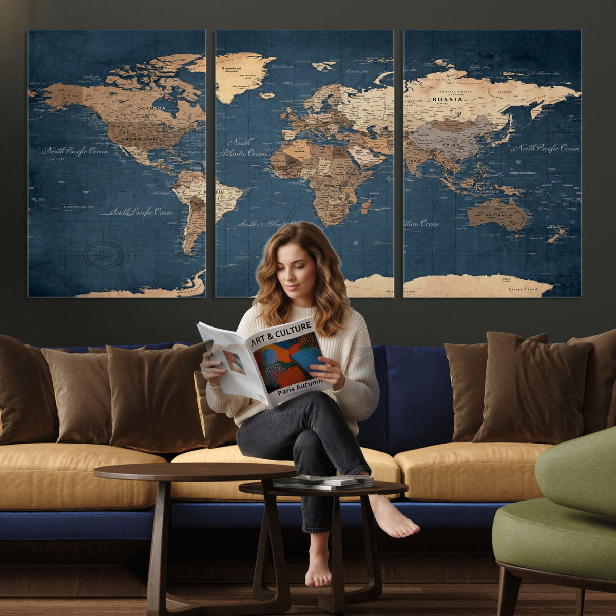 69886352-MGV-CV-36X24 - World Map Wall Art Canvas Print, Modern Decorative Framed Map Artwork Prints for Living Room, Office, Bedroom Wall Decor