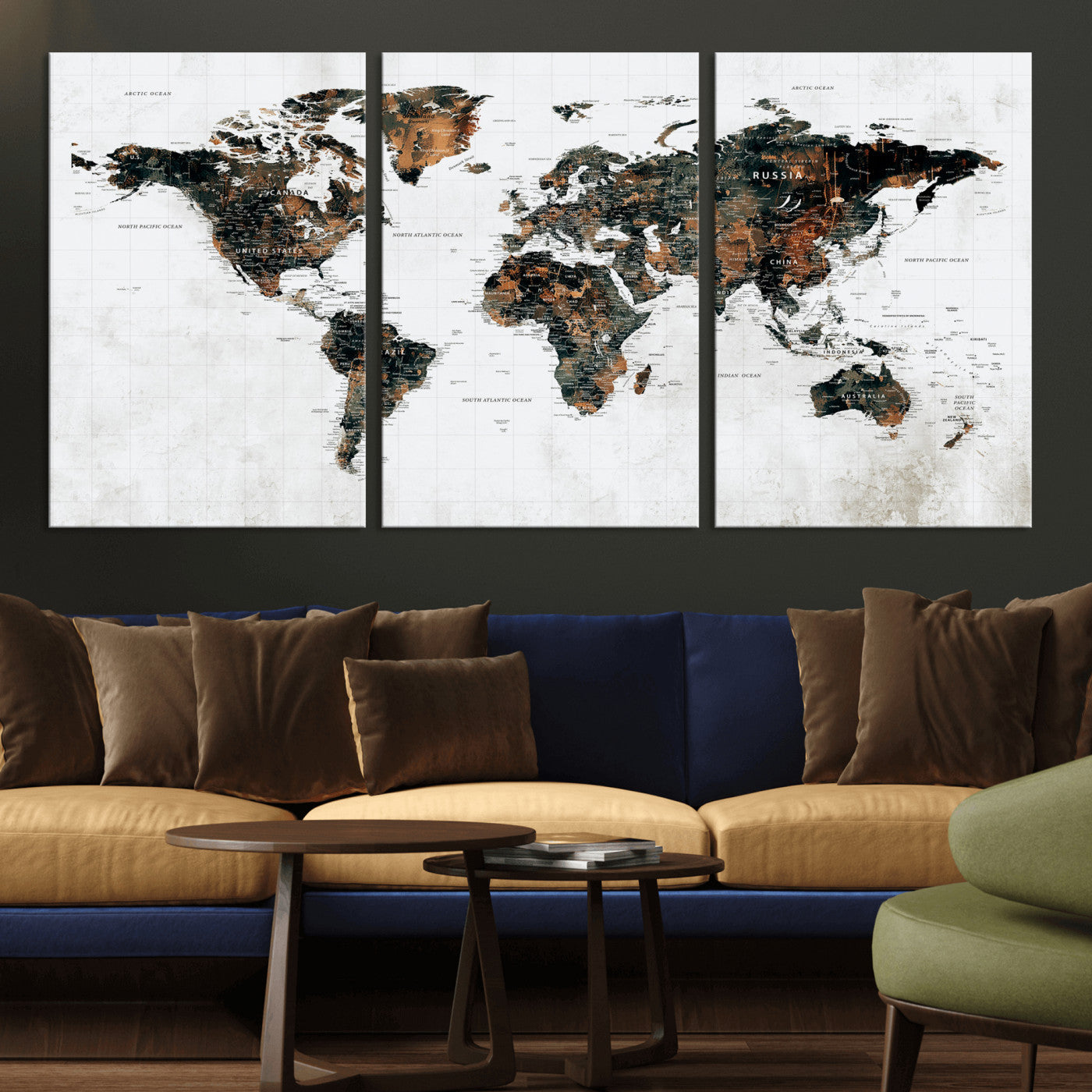 60008766-MGV-CV-36X24 - World Map Wall Art Canvas Print, Modern Decorative Framed Map Artwork Prints for Living Room, Office, Bedroom Wall Decor