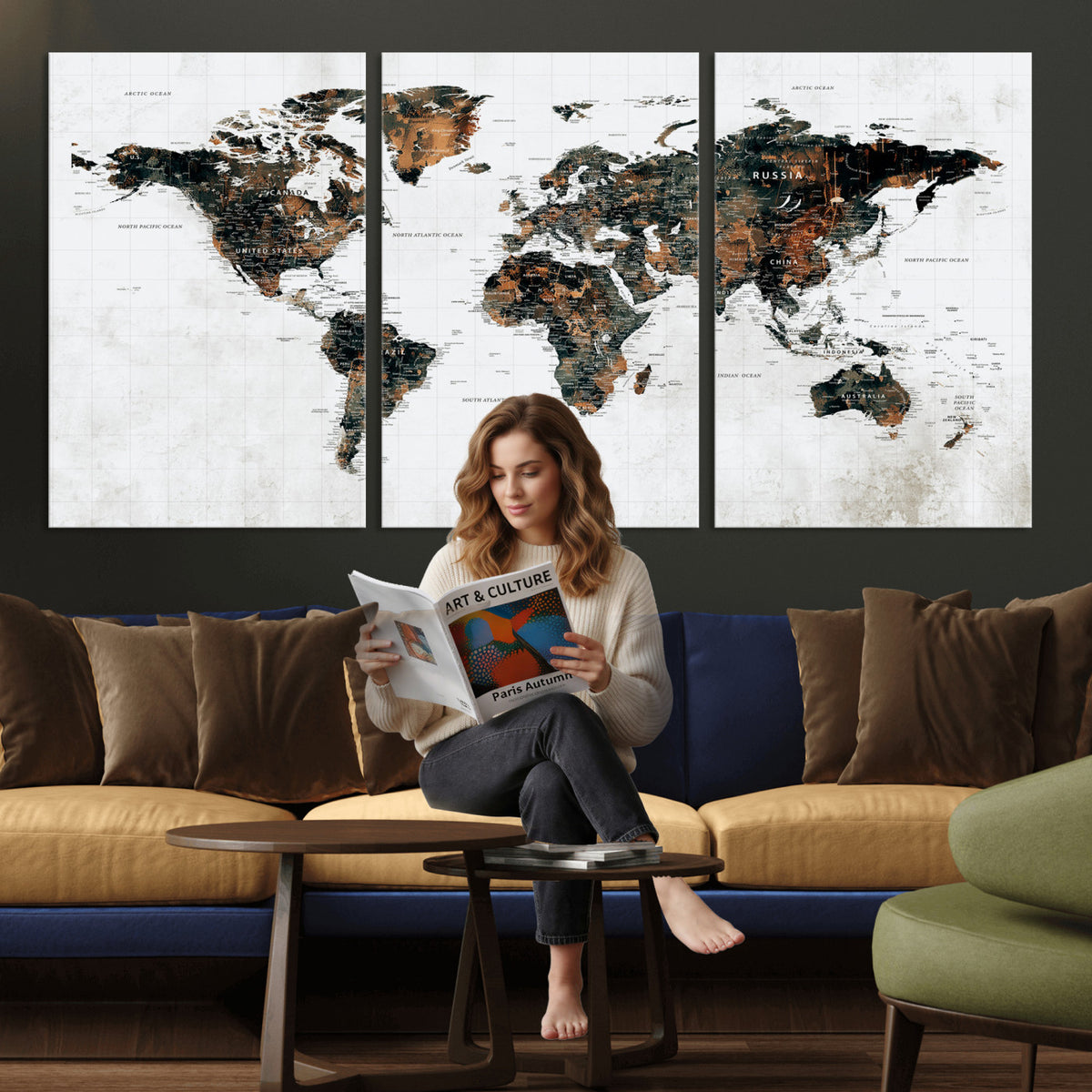 60008766-MGV-CV-36X24 - Large World Map Canvas Print – Framed Travel Map Wall Art